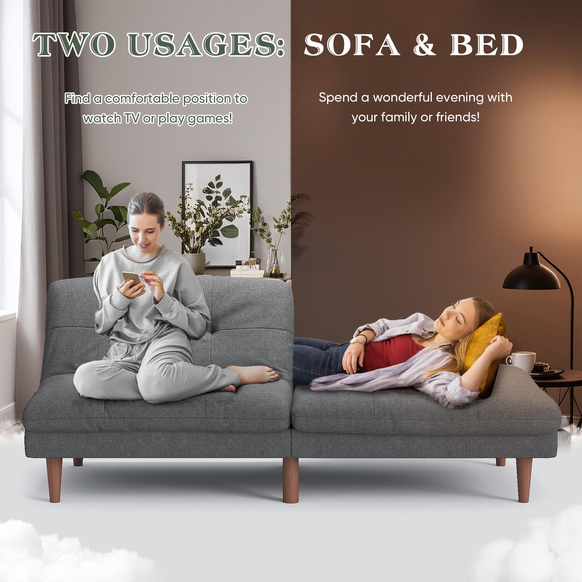 Furmax 67'' Futon Sofa Bed, Modern Linen Couch with Adjustable Backrest | Upholstered Convertible Folding Futon, Reclining Sleeper Sofa Couch for Small Spaces, Apartment & Office | Grey