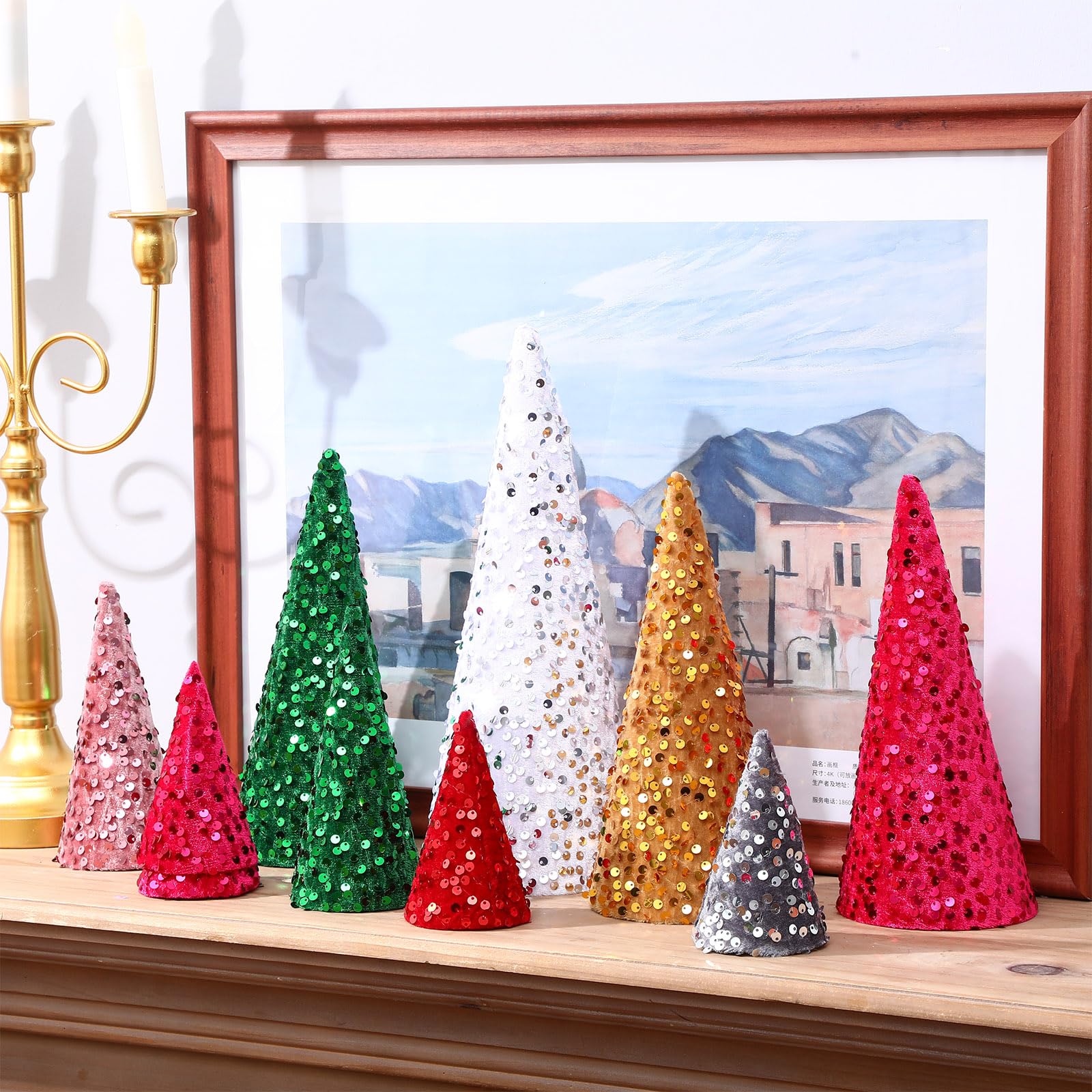 Liliful 8 Pieces Christmas Velvet Trees Set Modern Christmas Decor 4 Sizes Handmade Christmas Tabletop Centerpieces Trees Winter Decoration for Entryway Mantle Farmhouse (White Silver Sequin)