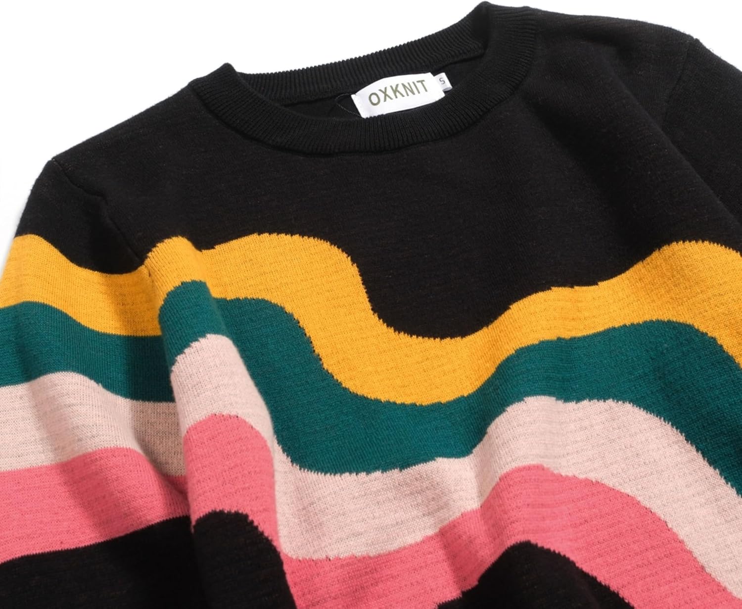 OXKNIT Women's Knit Long Sleeve T-Shirts, 1960s Retro Colorful Wavy Stripes Crewneck Casual Knitted Tops Black