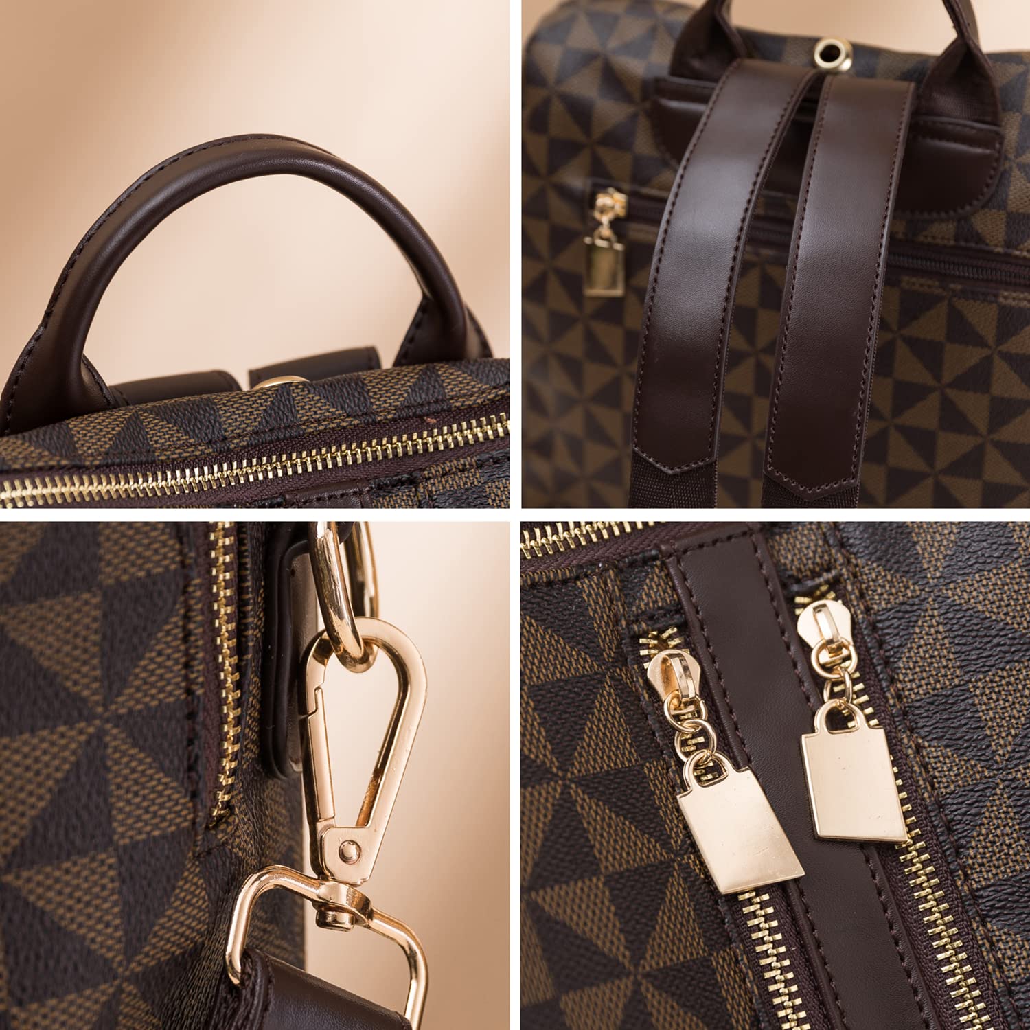 Sac à Dos PU Cuir Feminin Fille avec Portefeuille, Porté Dos Sac à Bandoulière Élégante Motif Losange à la Mode, Sac d'école Léger Multipocket Grande Capacité, Chic Sac pour Bureaux L'école et Voyage