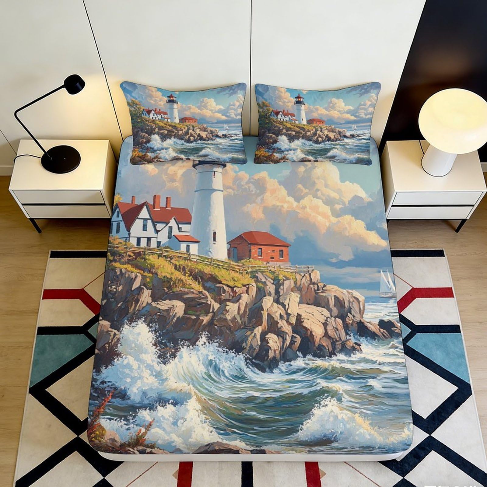 3D Printed Lighthouse Ocean Fitted Sheet Microfiber Soft Bedroom Decor Coastal Bed Cover Mattress Protection 90x200x25cm