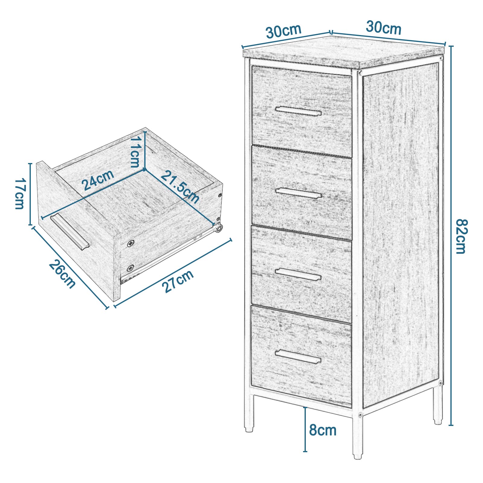 EUGAD Badezimmerschrank, Badschrank, Kommode mit 4 Schubladen, Beistellschrank, Schrank für Badezimmer, Wohnzimmer, Schlafzimmer, Küche, Flur, aus Metall + Holzwerkstoff, 30x82x30 cm