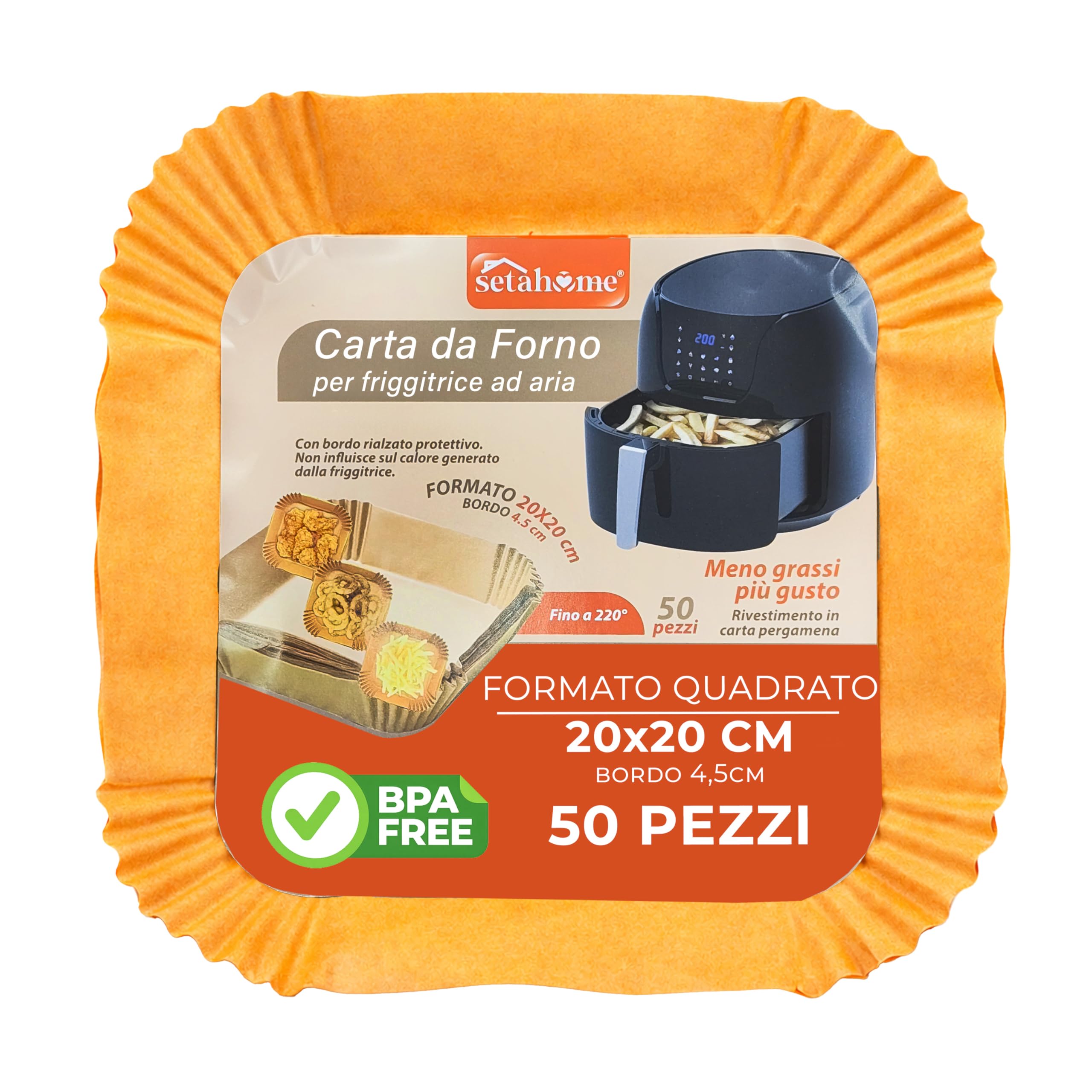Papel de horno para freidora de aire 20 × 20 cm | Papel pergamino cuadrado con borde | Antiadherente | Accesorio air fryer | 50 Hojas