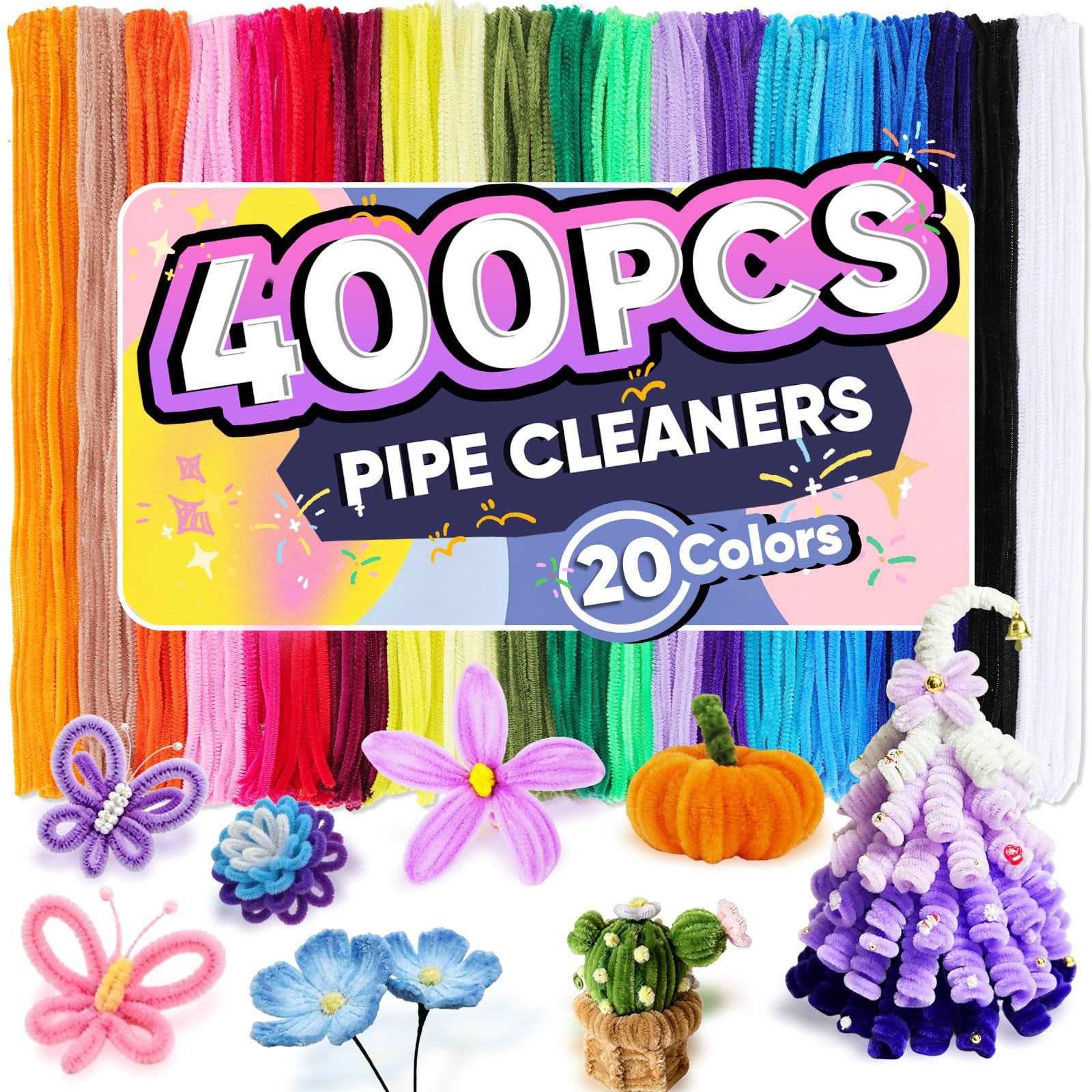 400 PCS Pipe Cleaners Bulk, 20 Colors Chenille Stems Pipe Cleaners Craft