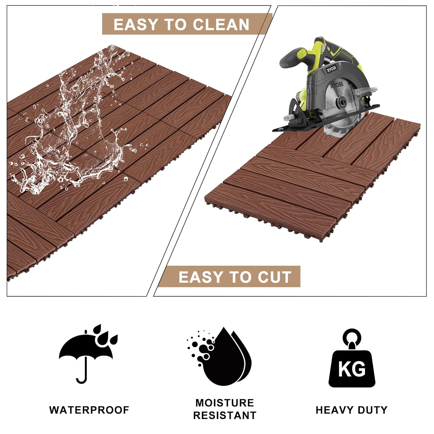 Composite Interlocking Deck Tiles Outdoor, 12"x12" Waterproof Decking Tiles Outdoor, Straight Grain Outdoor Deck Tiles for Patio, Balcony, Poolside, 10 Pack, Light Coffee Color