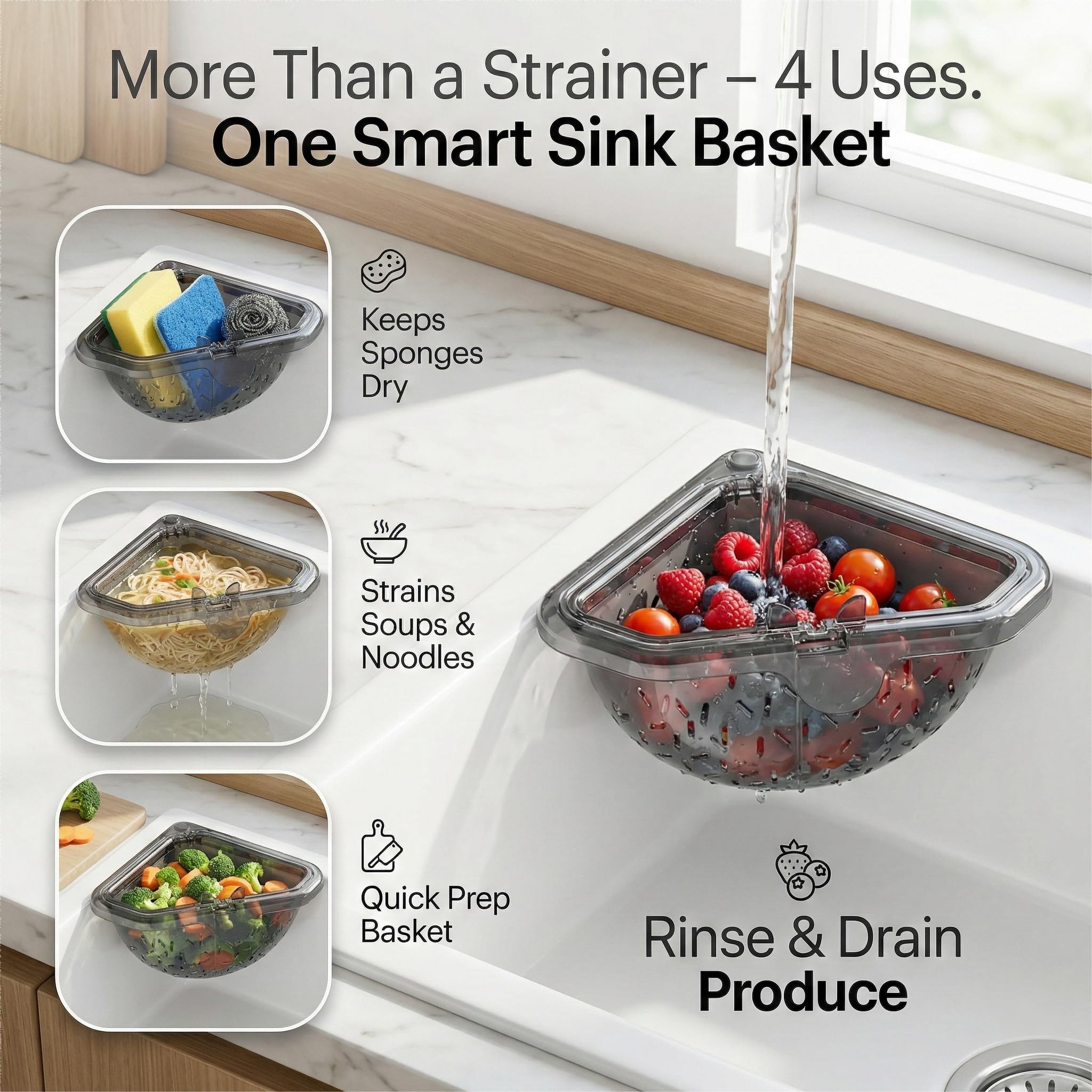 Magnetic Corner Sink Strainer Basket with Twist-Open Bottom, 6.69" Triangular Drain Rack for Food Scraps, Sponge Holder & Quick-Rinse Produce Basket, No-Drill Mount with Adhesive Metal Plate, ABS (1) — view 4