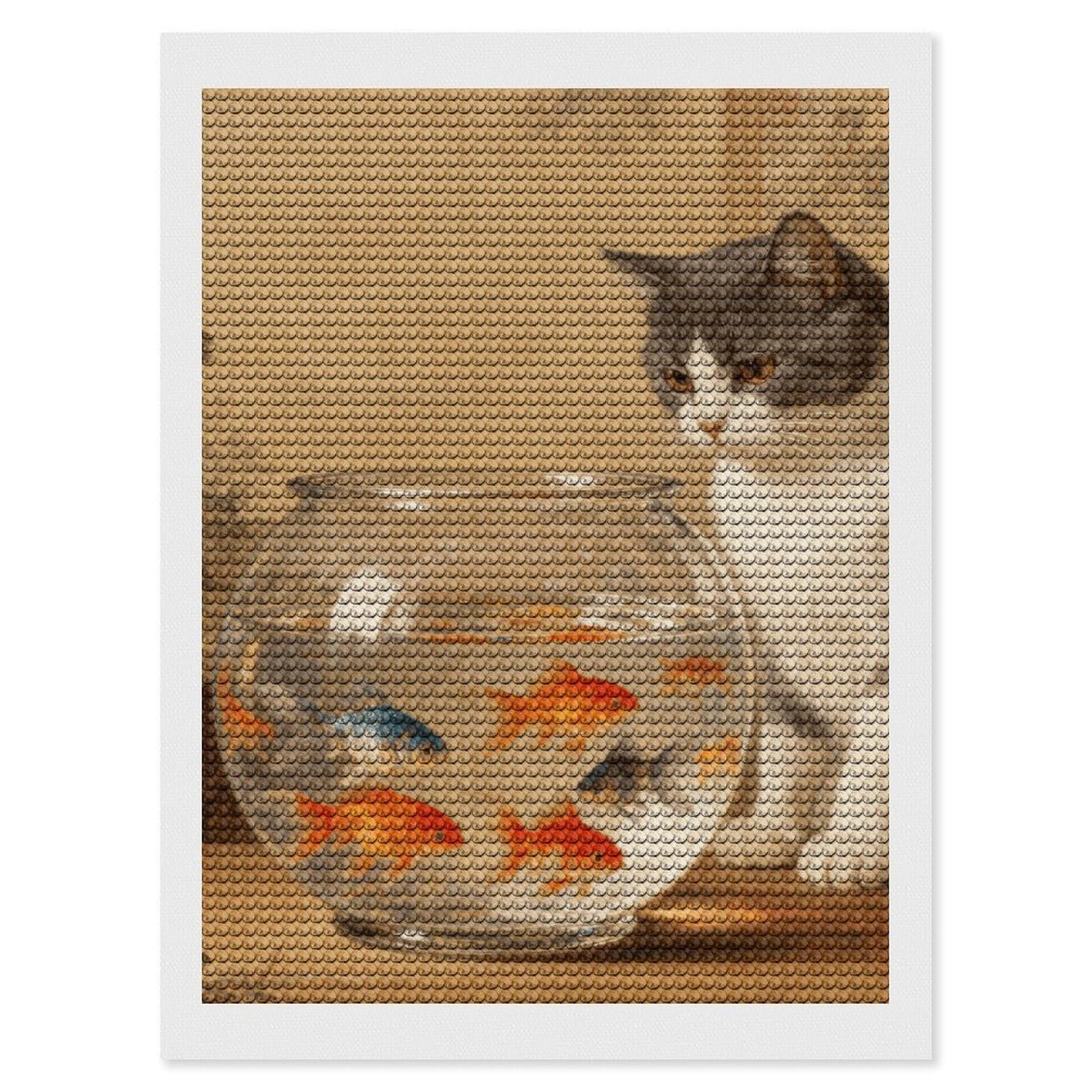 DWVTSLH Cat and Fish Bowl Diamond Painting Kits for Adults, Personalized Diamond Photo Art Full Drill, DIY 5D Diamond Art Painting Kits for Beginners, Home Wall Decor 12"x16"