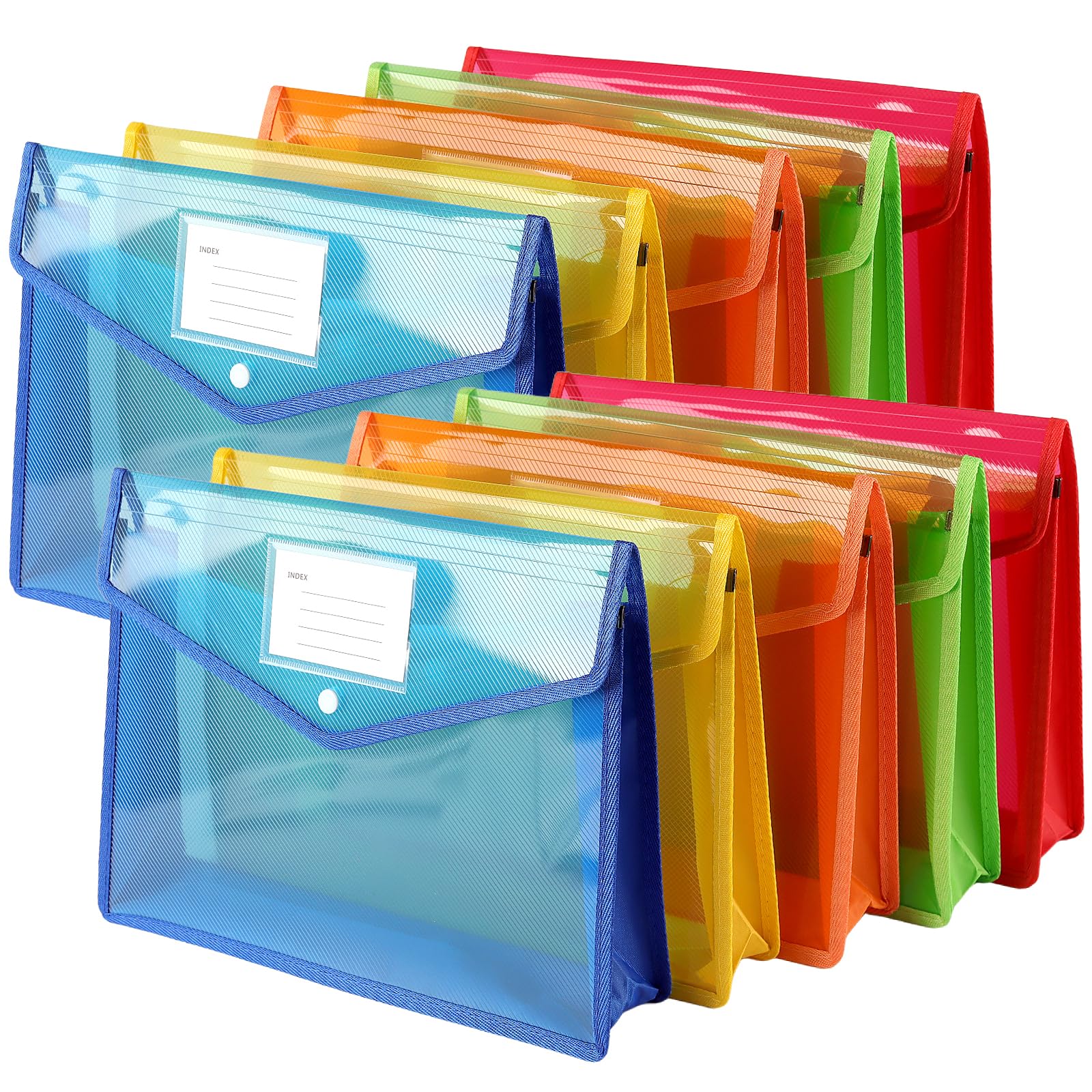 DAKFOOK 10 PCS A4 Plastic Wallets, Assorted Coloured A4 File Folder Popper with Button Card Slots, Document Envelope Wallet fo Office Home
