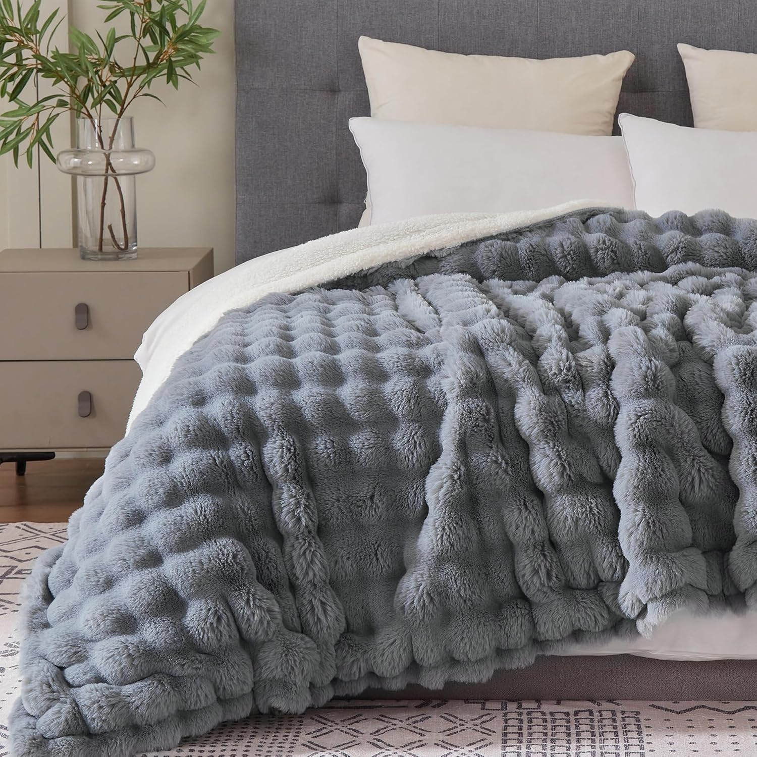 50x60 Inches Ultra-Soft Fuzzy Faux Fur Plush Throw Blanket - Thick, Warm Sherpa for Couch, Sofa, Bedroom, Camping - Decorative Blanket for Cozy Warmth, Bubble Grey - Image 3