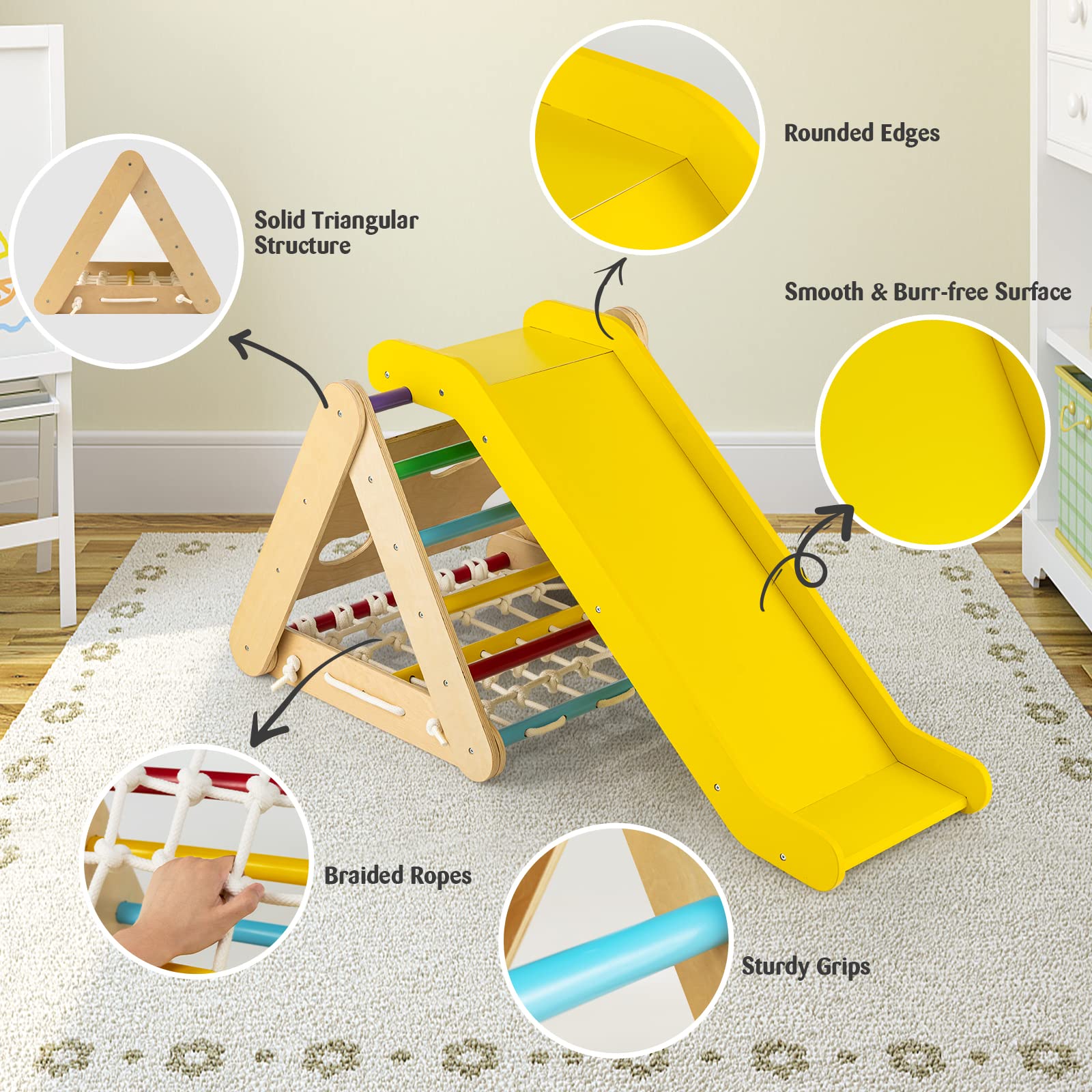 GLACER 4-in-1 Climbing Triangle w/Ramp, Climbing Toy Set with Rope Wall, Climbing Rock & Climbing Ladder, Fun Slide, Indoor & Outdoor Fun Triangle Climber for Kids Room, Play Room, Daycare (Rainbow)