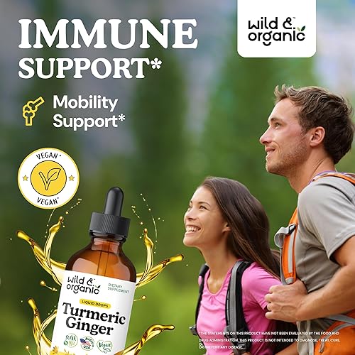 Miniatura 2 de Wild & Organic Gotas de suplemento de cúrcuma y jengibre, apoyo articular e inmunológico, curcumina líquida de cúrcuma con pimienta negra y