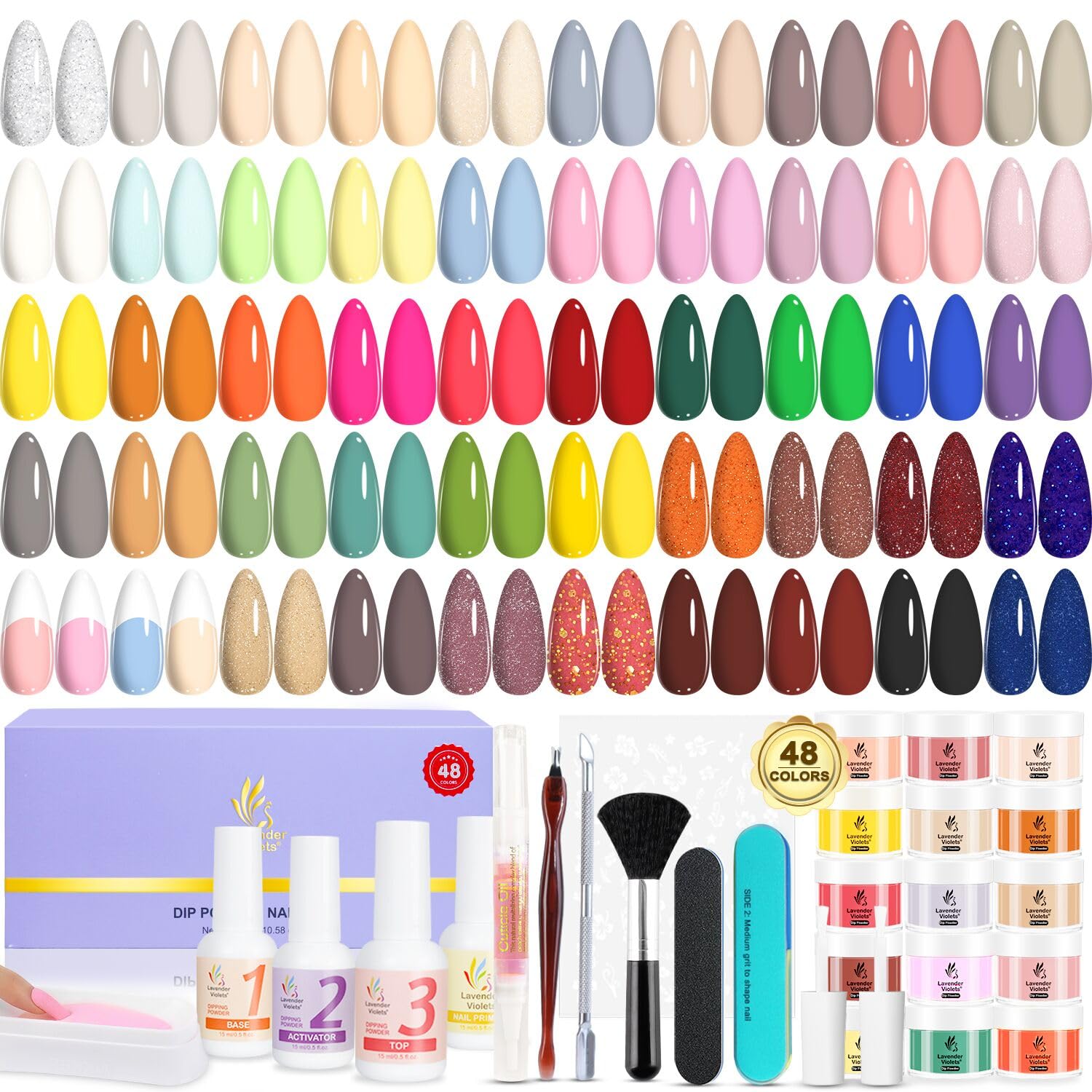 Lavender Violets Dip Powder Nail Kit 48 Colors Pink Red Purple Brown with Dip Powder Liquid Set and Essential Manicure Tools for Home Salon Manicure