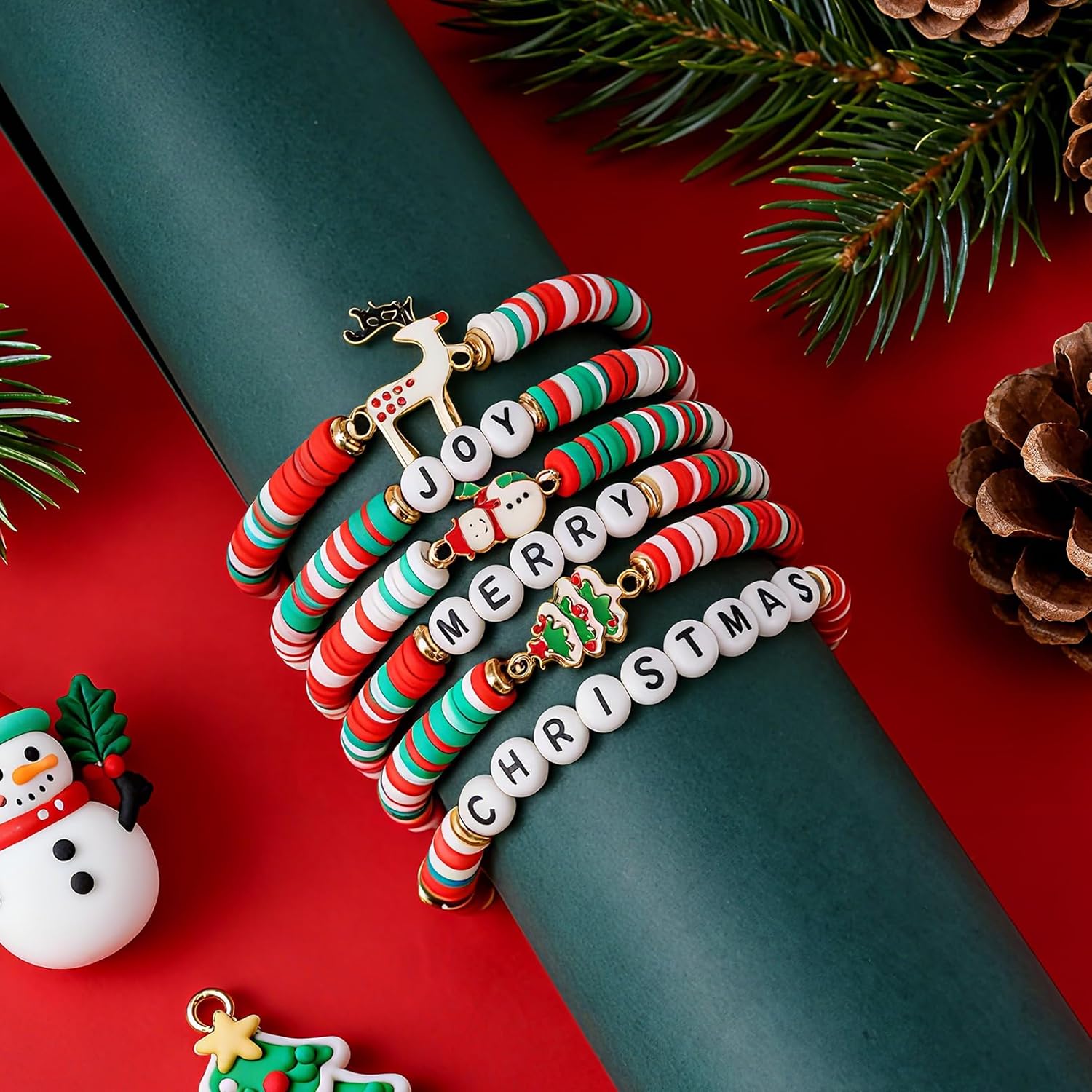hoyuwak Festive Christmas Bracelets Set of 6 - Adjustable Holiday Charm Bracelets for Christmas Decorations, Red Green Candy Colors, Gift for Women Teens Girls - Image 3