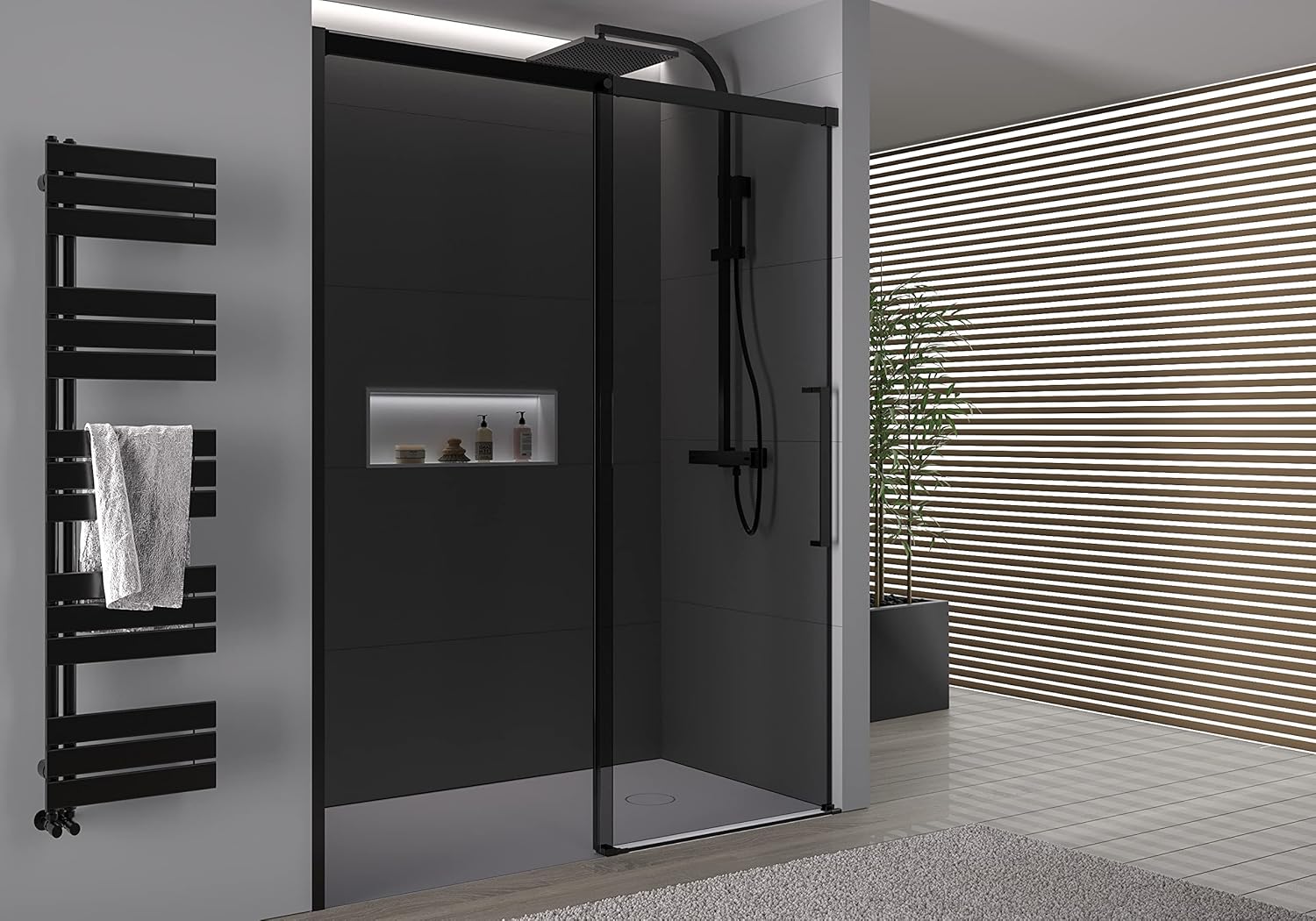 Eckdusche Mit Schiebetür Bernstein NT806 FLEX Schwarz Matt Nano Graues