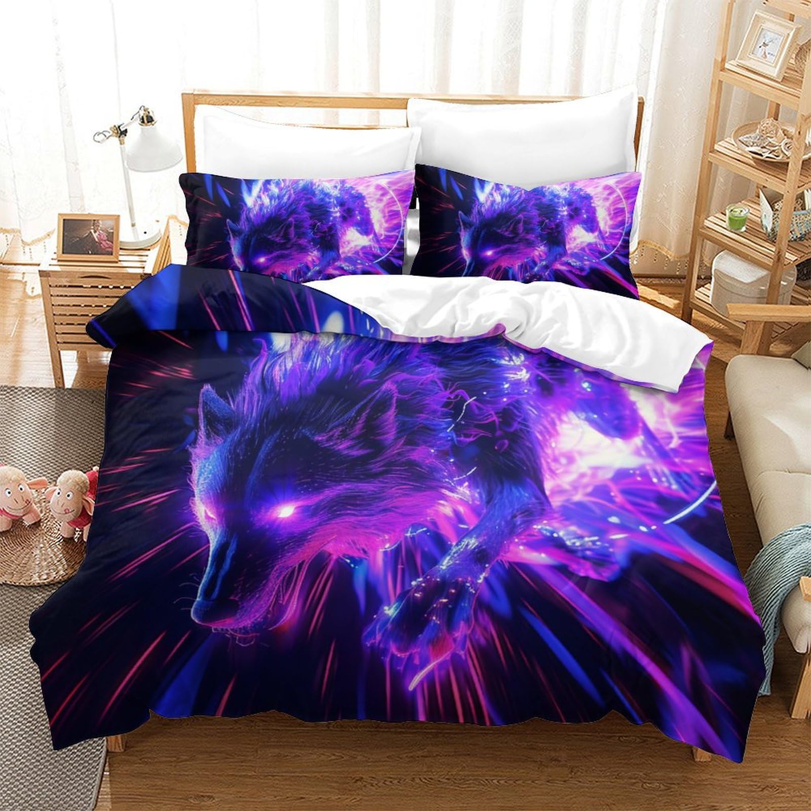 Housse de couette loup 3D 260x240 cm avec 2 taies d'oreiller pour lit super king size