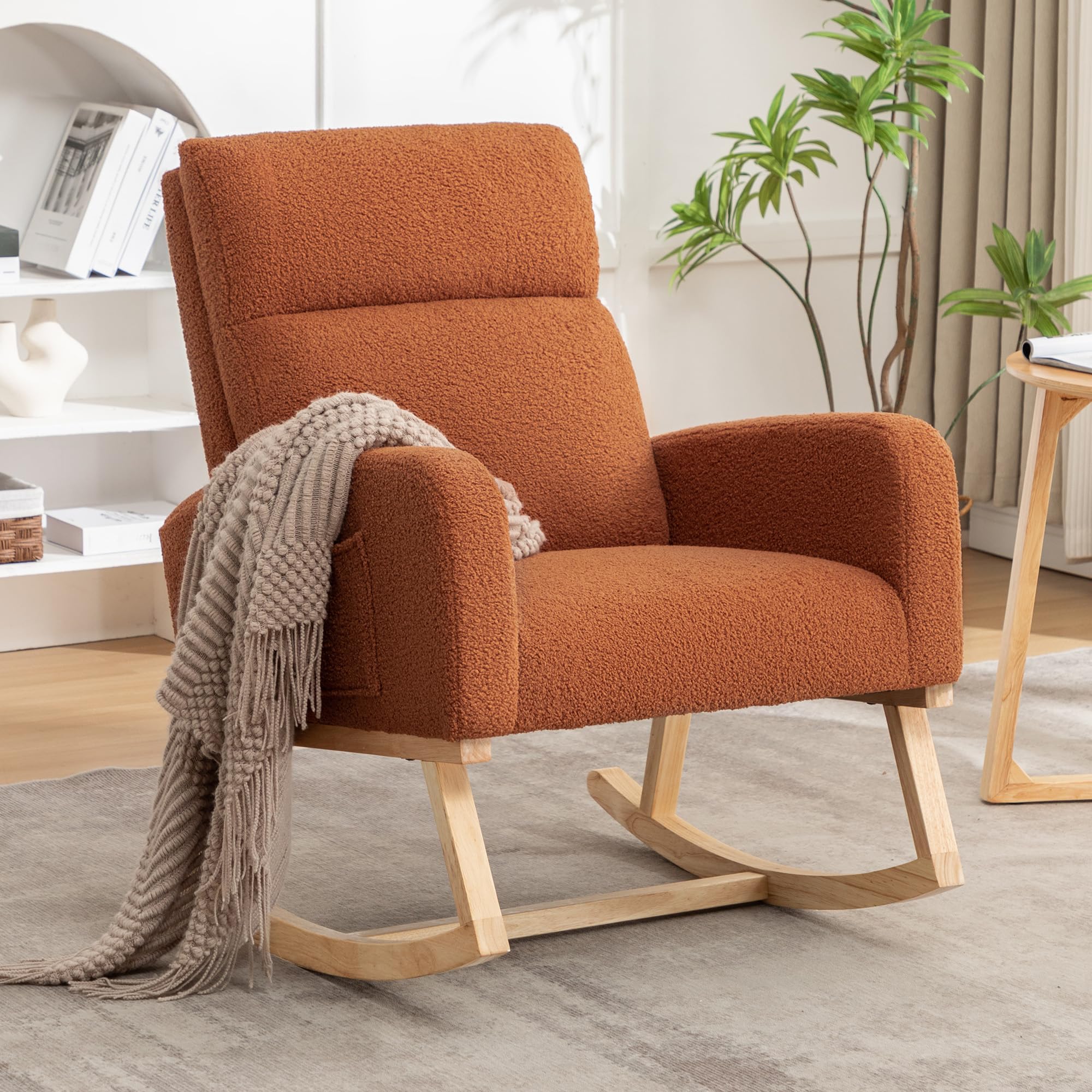 Rocking Chair Nursery,Sherpa Nursing Rocking Chairs, Upholstered Nursery Glider Rocker Wingback Morden Rocking Chair with Soft Back for Mom Nursery, Living Room, Bedroom, Teddy Brown