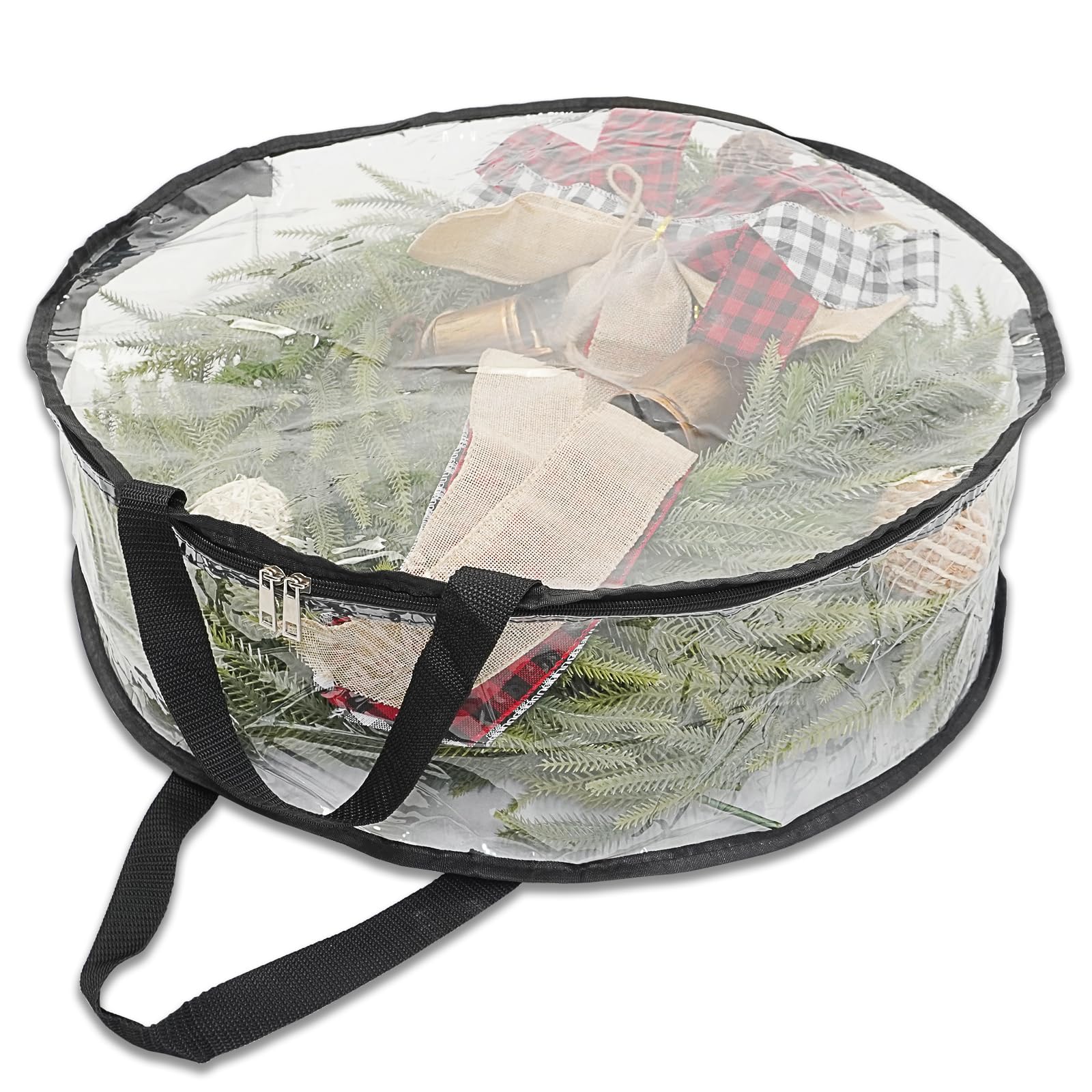1/2PCS Christmas Wreath Storage Container, 24in Wreath Bag for Artificial Wreaths, Round PVC Transparent Christmas Wreath Storage Bag, with Dual Zippers & Handles (Black, 1PCS-24