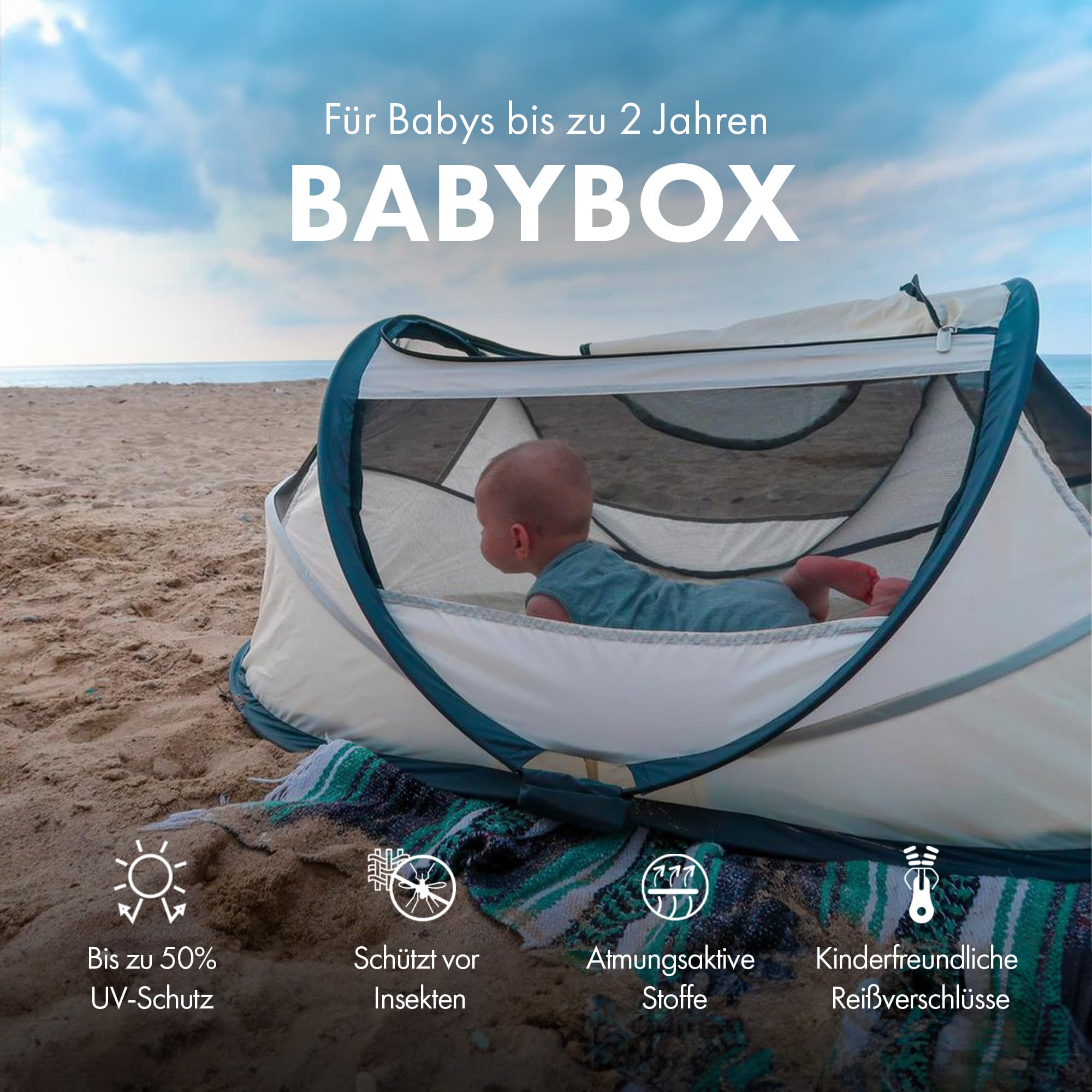 Deryan BabyBox Campingbett - Leicht, Kompakt und Faltbar -Aufgeklappt in nur 2 Sekunden -50% UV-Schutz - flammhemmendes Gewebe - Inklusiv Schlafmatte, Moskitonetz und Tragetasche - Creme