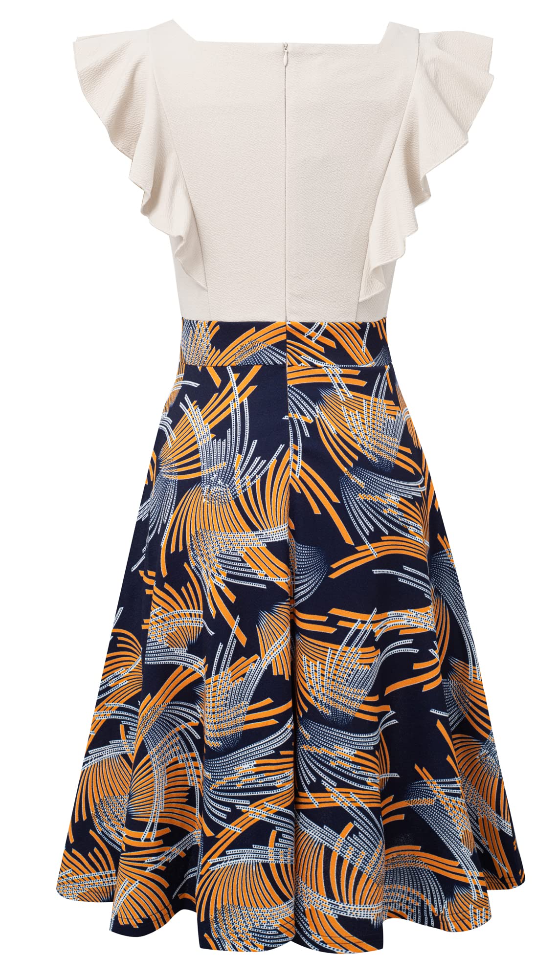 HOMEYEE Vestido de Cóctel de Fiesta Floral hasta la Rodilla Rockabilly con Mangas con Volantes y Bolsillos para Mujer A312