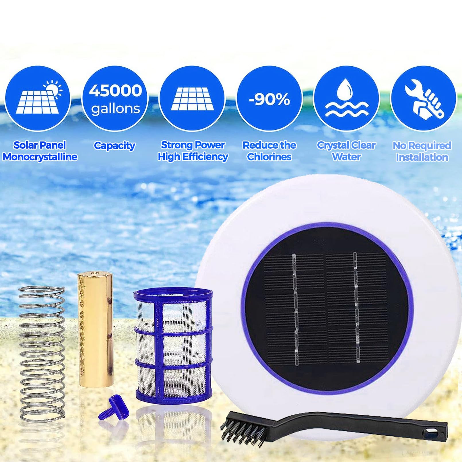 Solarny jonizator miedzi do basenu naziemnego, czyszczenie 85% mniej chloru, automatyczny środek czyszczący do basenu do 45000 litrów zabija glony, utrzymuje basen w czystości