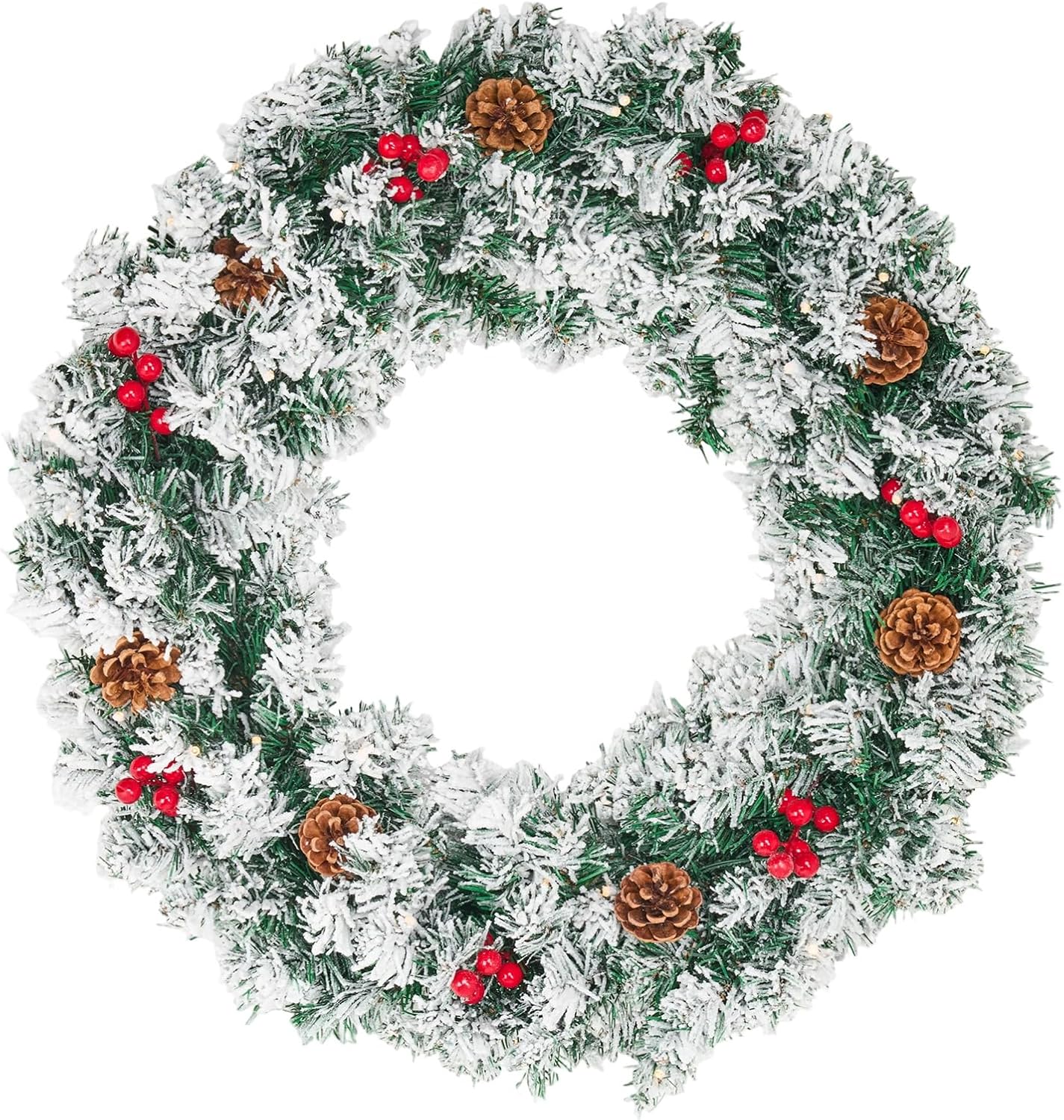 christmas wreaths for front door, 27 inch snow flocked christmas wreaths, christmas wreath with lights,large christmas wreath, prelit christmas decor with pine cones, pine needles,red berries green&white