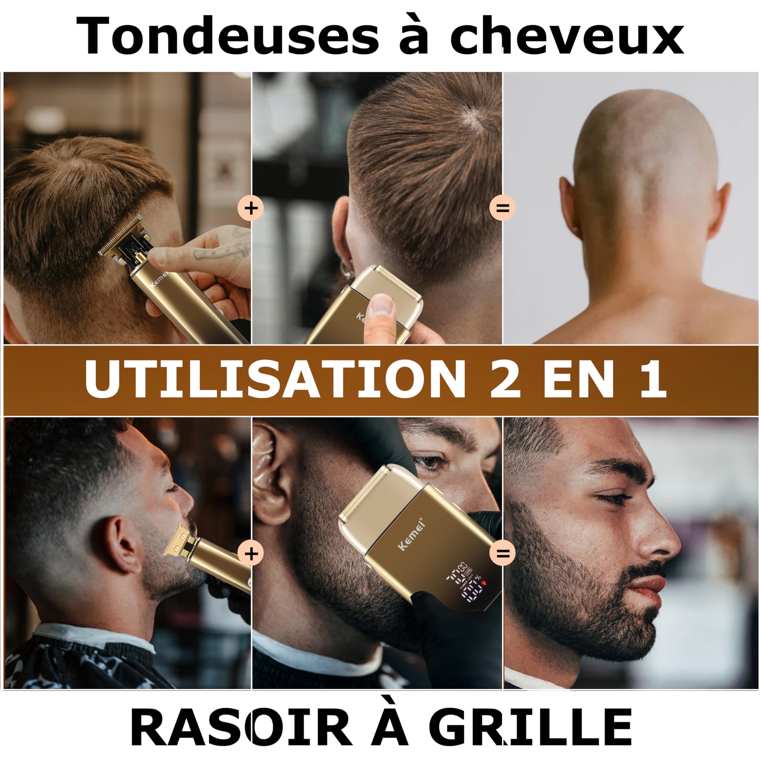 KEMEI T-Blade Tondeuse à Barbe pour Hommes et Rasoir Électrique à Foil, avec Écran LED, Kit de Coiffure Imperméable pour Barbiers/Usage Domestique, Cadeau pour Hommes