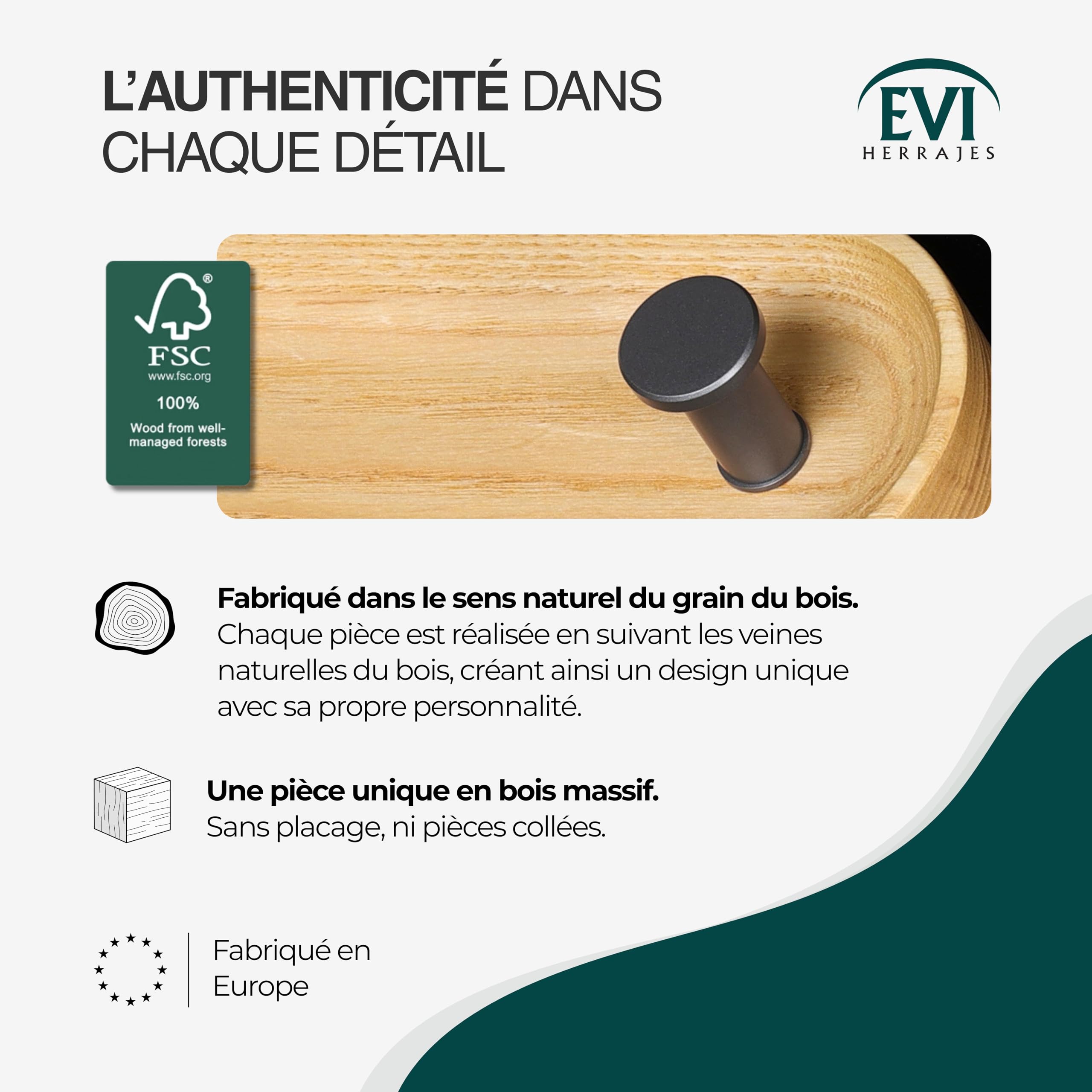 EVI Herrajes | Patère murale 2 crochets | Bois de frêne massif | Crochets inox laqué gris anthracite | Kit de montage inclus | Mod. Cova 2CFRGR