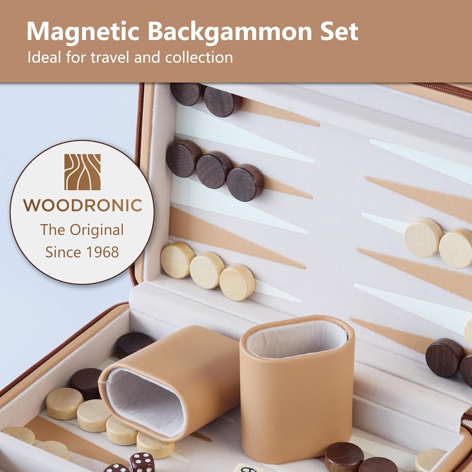 Magnetic Travel Backgammon Set, Portable PU Leather Backgammon Board Game, 9 Inch Classic Strategy Game for Adult Teens, Folding Backgammon Board with 32 Wooden Pieces and 5 Dices, Khaki