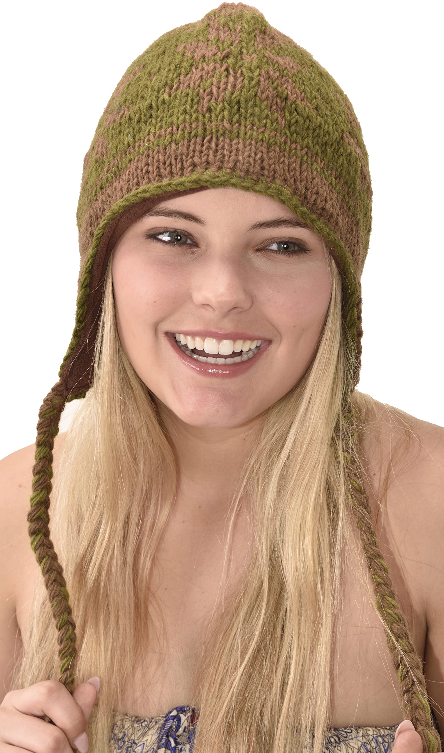 Three Cranes GalleryHand Made 100% Merino Wool Ear Flap Snowboard Ski Chullo Peruvian Style Nepal Himalayan Sherpa Earflap Fleece Lined Winter Beanie Hat