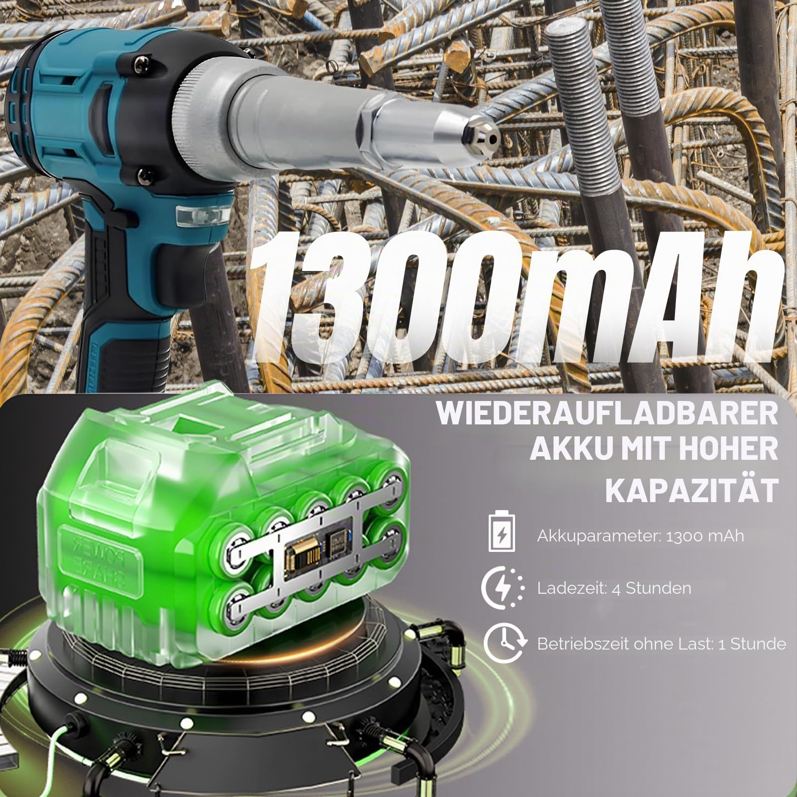 Akku Nietzange 21V Nietpistole Popnietenzange Set mit 2x1300mAh Akkus Elektrische Popnietenzange für 2,4/3,2/4,0/4,8mm Blindnieten für Autoreparaturen Heimwerker