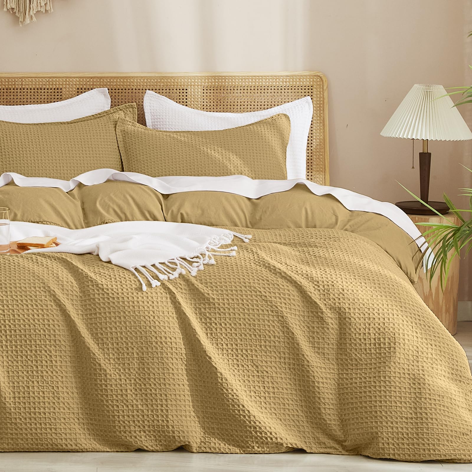 phf waffle weave duvet cover set king size, no snagging ultra soft luxury textured breathable comforter cover for all season 3pcs, durable bedding duvet set with 2 pillow shams, 104"x90", antelope