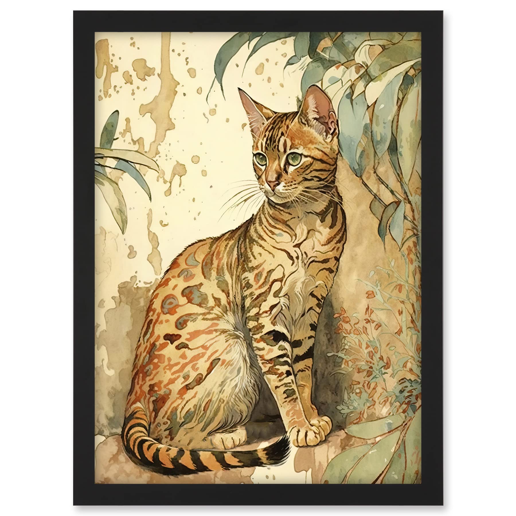 Artery8 Marble Coat Bengal Cat Perched on Street Wall Watercolour Illustration Artwork Framed A3 Wall Art Print