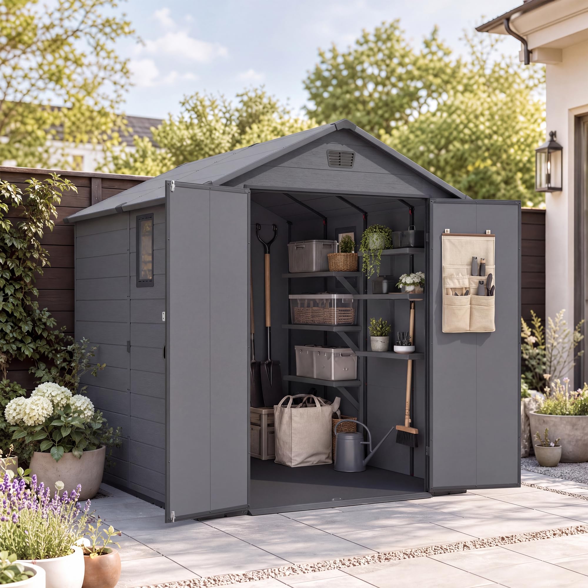 Devoko 6X8 FT Resin Outdoor Storage Shed with Floor, Dark Gray