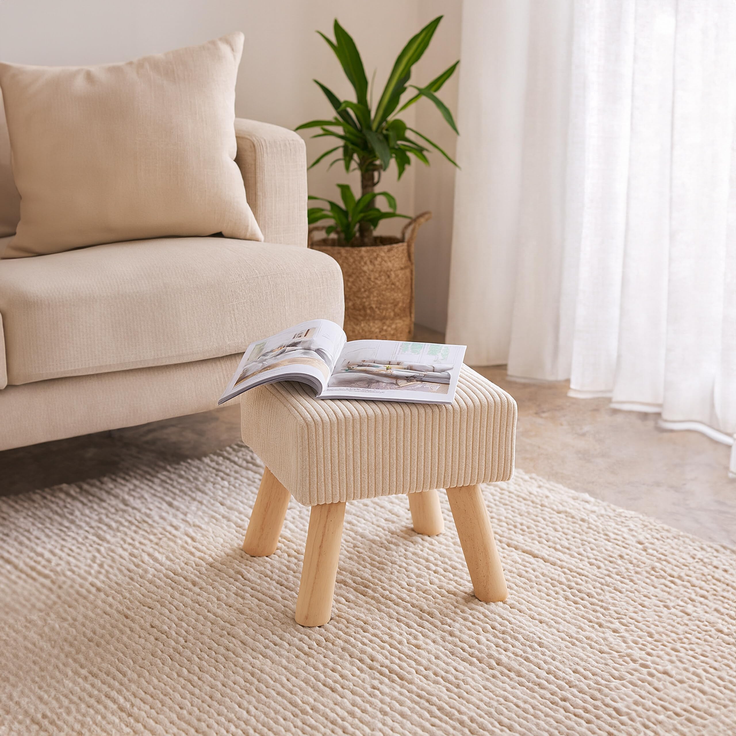 Relaxdays Sgabello corda, gambe in legno, imbottito, HxLxP: 30 x 30 x 30 cm, quadrato, poggiapiedi, beige/naturale