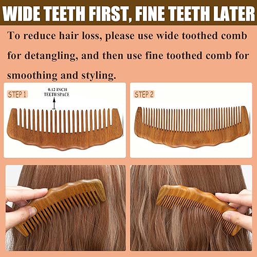 Miniatura 9 de Peine de madera para el crecimiento del cabello de las mujeres, dientes anchos para cabello rizado, peine de trabajo 2 unidades, sándalo