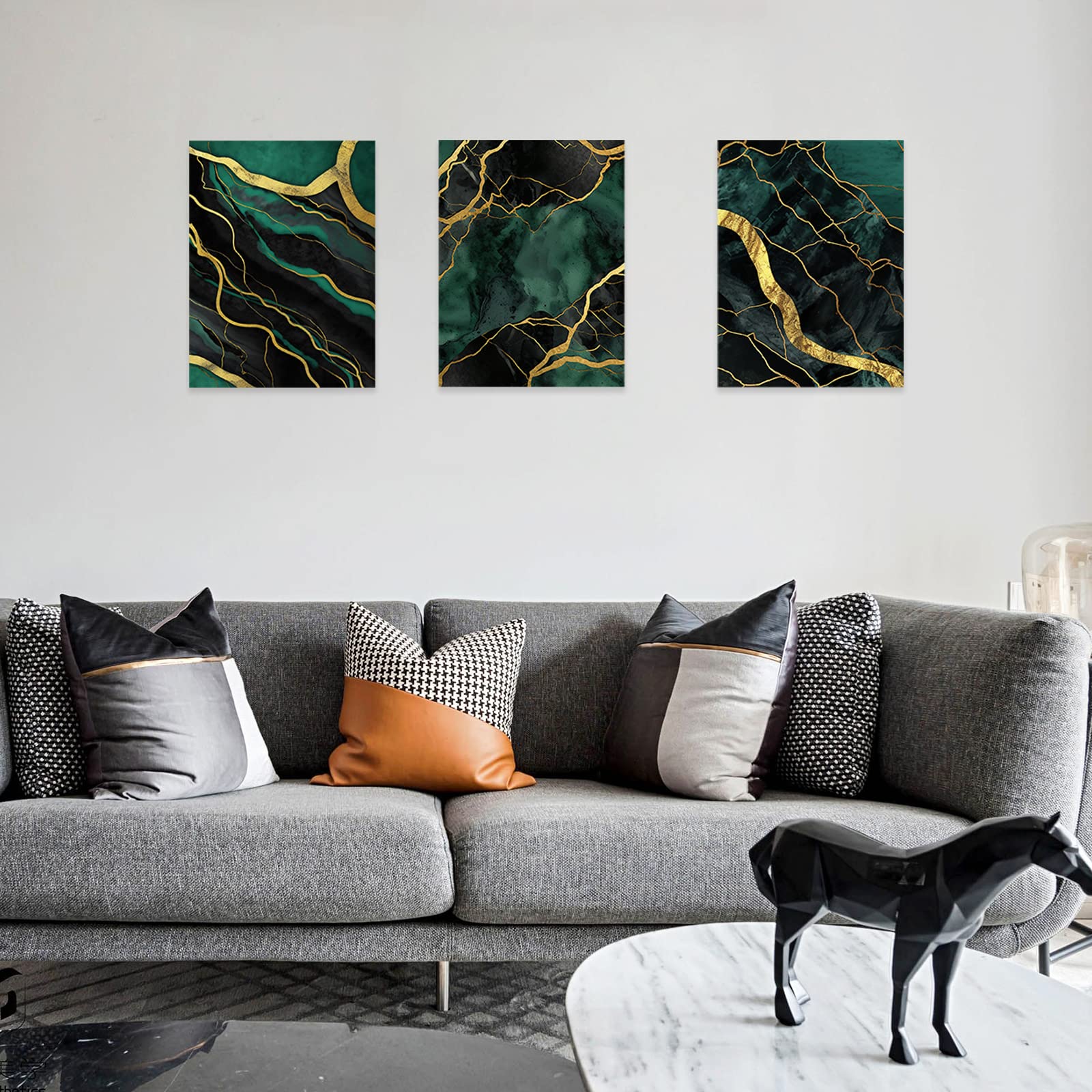 CCWACPP Abstract Canvas Wall Art 3 Piece Black Gold Green Pictures Wall Decor Marble Painting Art Modern Home Prints (28x35cmx3) - Image 3