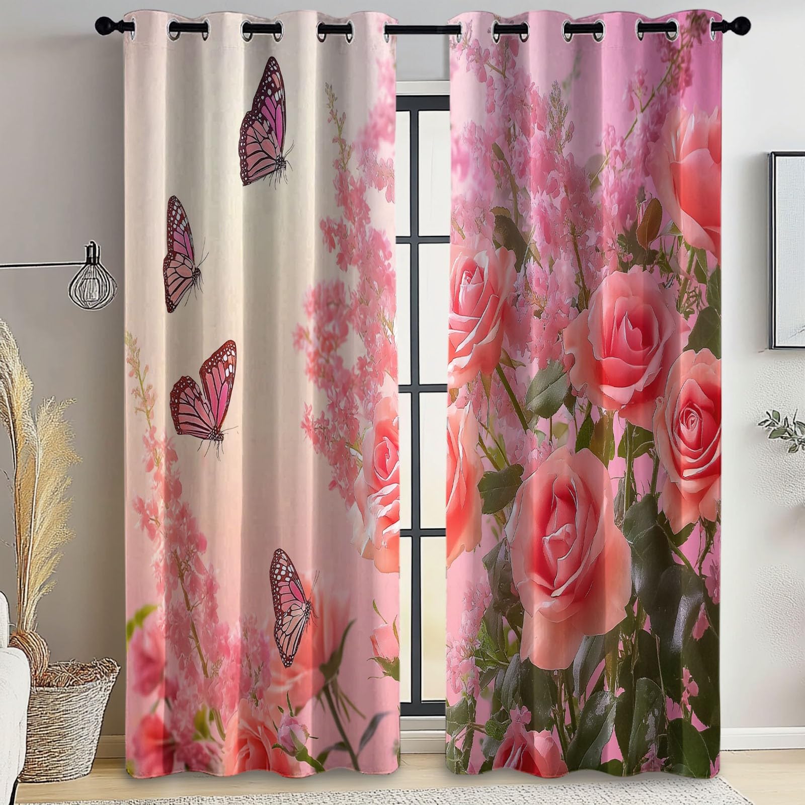Blackout Curtains Bedroom Natural Style Flowers and Butterflies Pattern, Geo-Thermal Insulated Energy Efficiency Window Treatment Sets Grommet Drapes for Kids Room 52