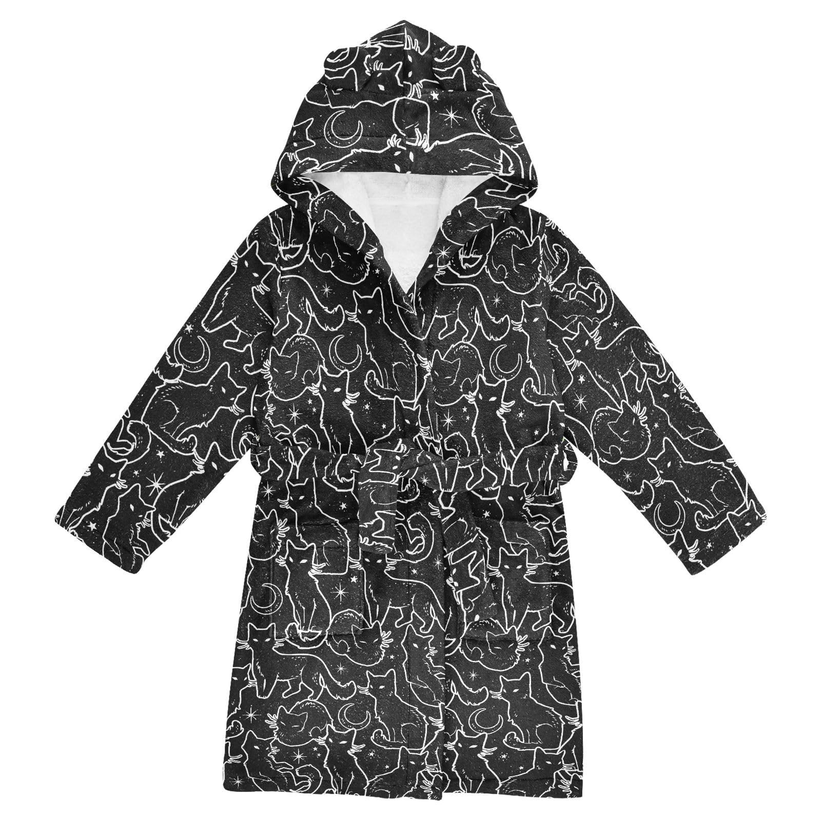 WIFIU Toddler Baby Hooded Bathrobe for Boys Girls Magical Black Cats and Stars Printed, Soft Plush Bath Towel Robe with 2 Pockets for 7-9 Years