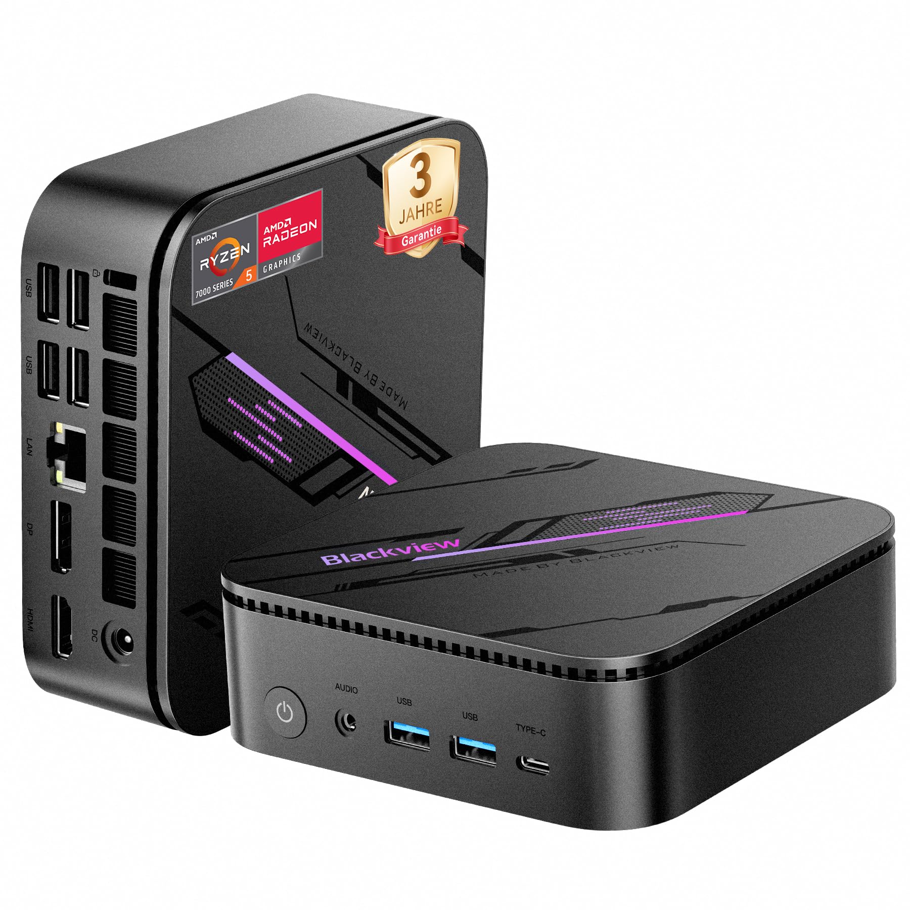 Blackview MP100 Pro Win 11 Pro Mini PC 3 Jahren Garantie, AMD Ryzen 7430U Kompakter Desktop PC, 16GB RAM(rasante 3733 MT/s) 512GB SSD, 4K 144Hz Triple Display, WiFi 6/BT 5.2, für Home Office