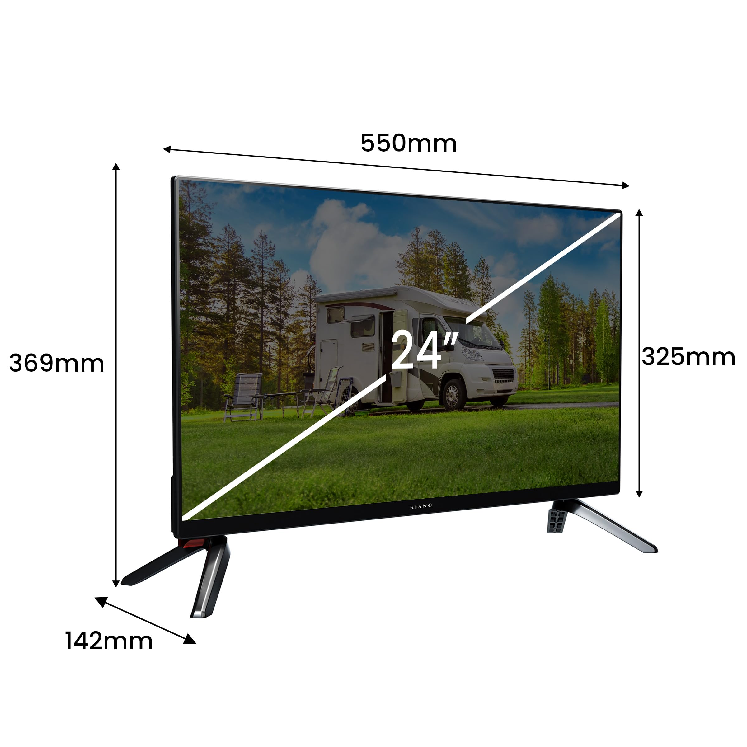 KIANO Slim TV Smart Travel Televisione 24" Pollici | LED HD TV schermo | Caricatore per Auto | HDMI USB | Dolby Audio |Triplo Tuner DVB-T2 | Nero