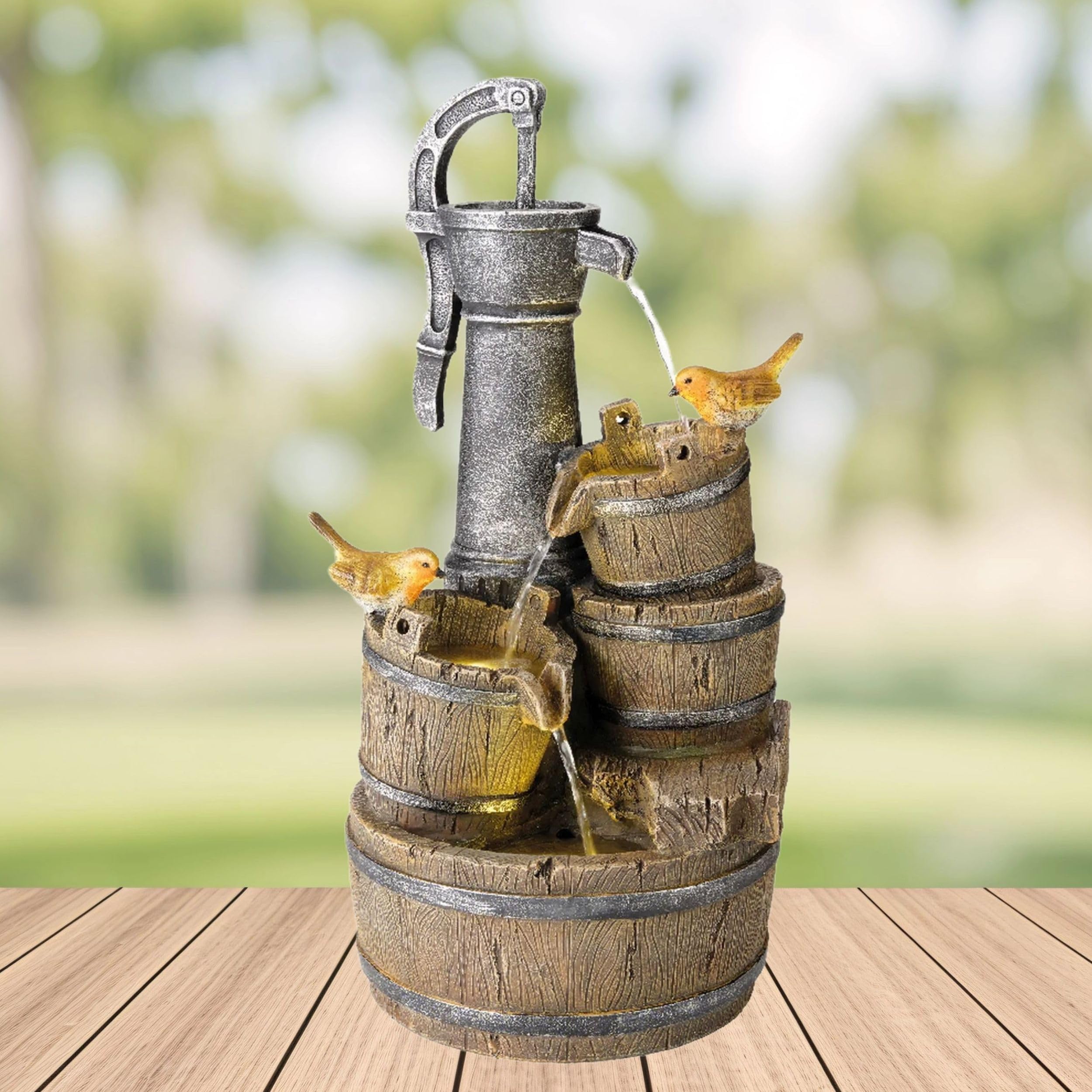 Lumineo Brown Outdoor Robin Water Fountain - Garden Water Feature - Robins On Barrels - Warm White Leds - Mains Powered Small Outdoor Fountain.