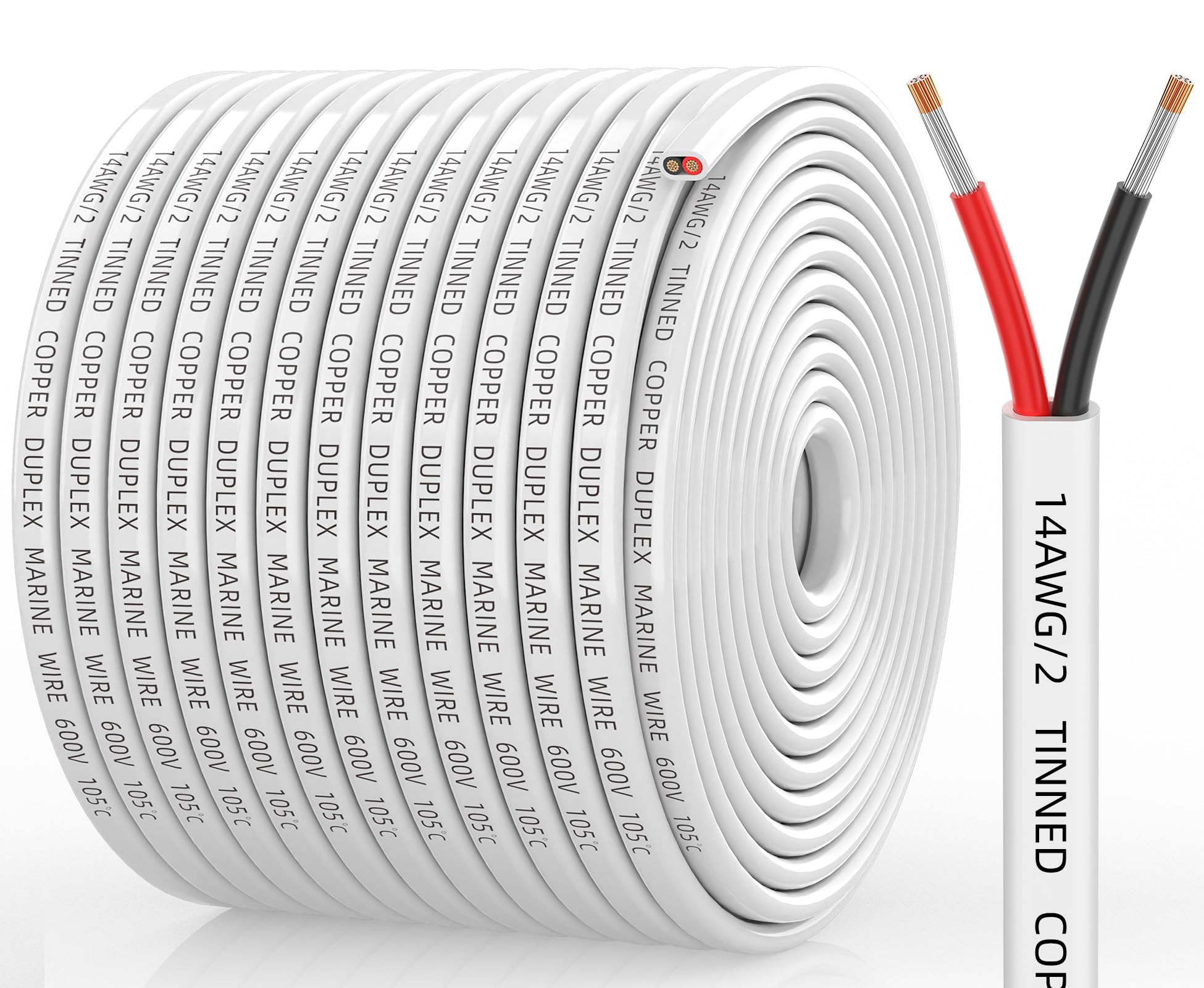 CONEPY 14 Gauge Marine Wire, 14/2 Duplex Marine Grade Cable, IP68 Waterproof/Oxygen-Free Tinned Copper Stranded PVC 14 AWG Wire for Boat, Automotive,