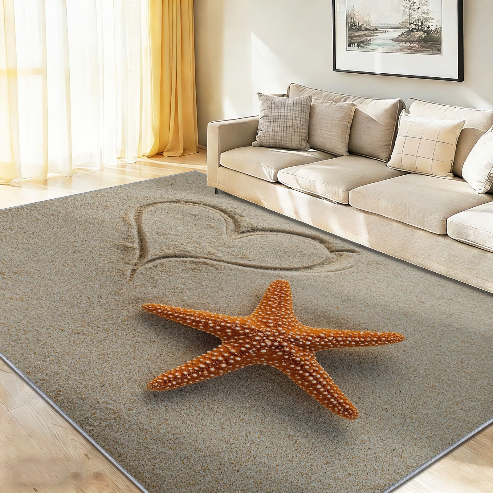 Générique Tappeto marrone chiaro, 160 x 230 cm, chic romantico, sabbia cuori, stella marina, tappeto da gioco, morbido e antiscivolo, per la cameretta dei bambini e degli adolescenti, lavabile in