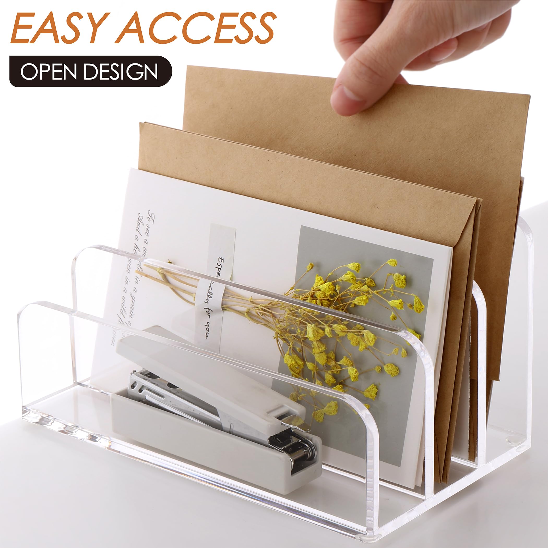 SANRUI 3 Compartments Mail Organizer Letter Holder for Desk ,Vertical Letter Holder,File Sorter Acrylic Desk Organizer Office Supplies,Clear - Image 4