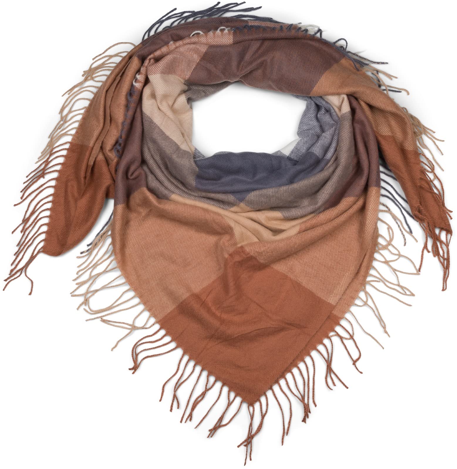 styleBREAKER women square scarf XXL blanket scarf with check print and long fringing, winter scarf, stole, shawl 01017116, Colour:brown-grey-cream