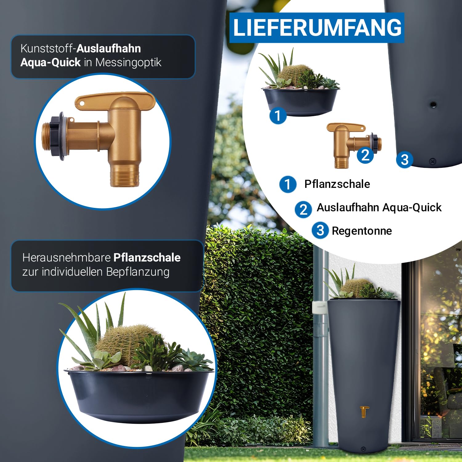 4rain Vaso 2in1 Regentonne 220 Liter Graphite Grey inkl. Pflanzschale | stilvolle Regentonne für Garten mit Auslaufhahn und Pflanzschale nachhaltiger Wassertank in Anthrazit für Bewässerung