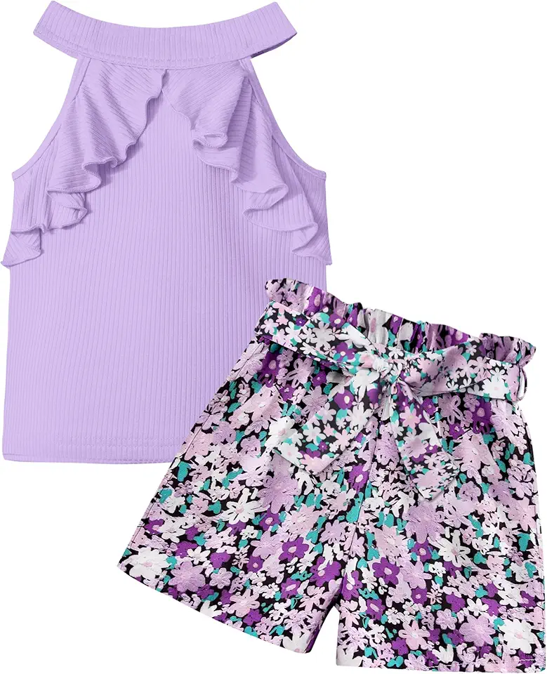 MIGU Girls Clothes Summer Halter Neck Ruffle Sleeveless Top Fashion Cute Floral Belt Shorts Two Piece Outfit Set Size 6-12