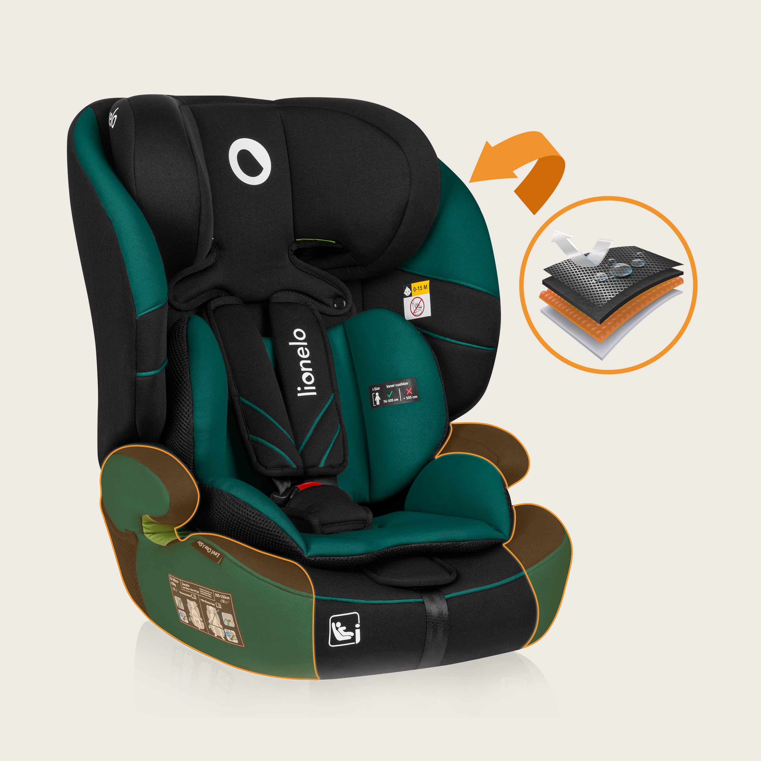 LIONELO LEVI ONE I-SIZE 76-150 cm Kinderautositz, Gruppe 1 2 3 | Seitenschutz, 10 Grad Kopfstützenverstellung Bequeme Armlehnen Verstellbare Rückenlehne, R129 i-Size
