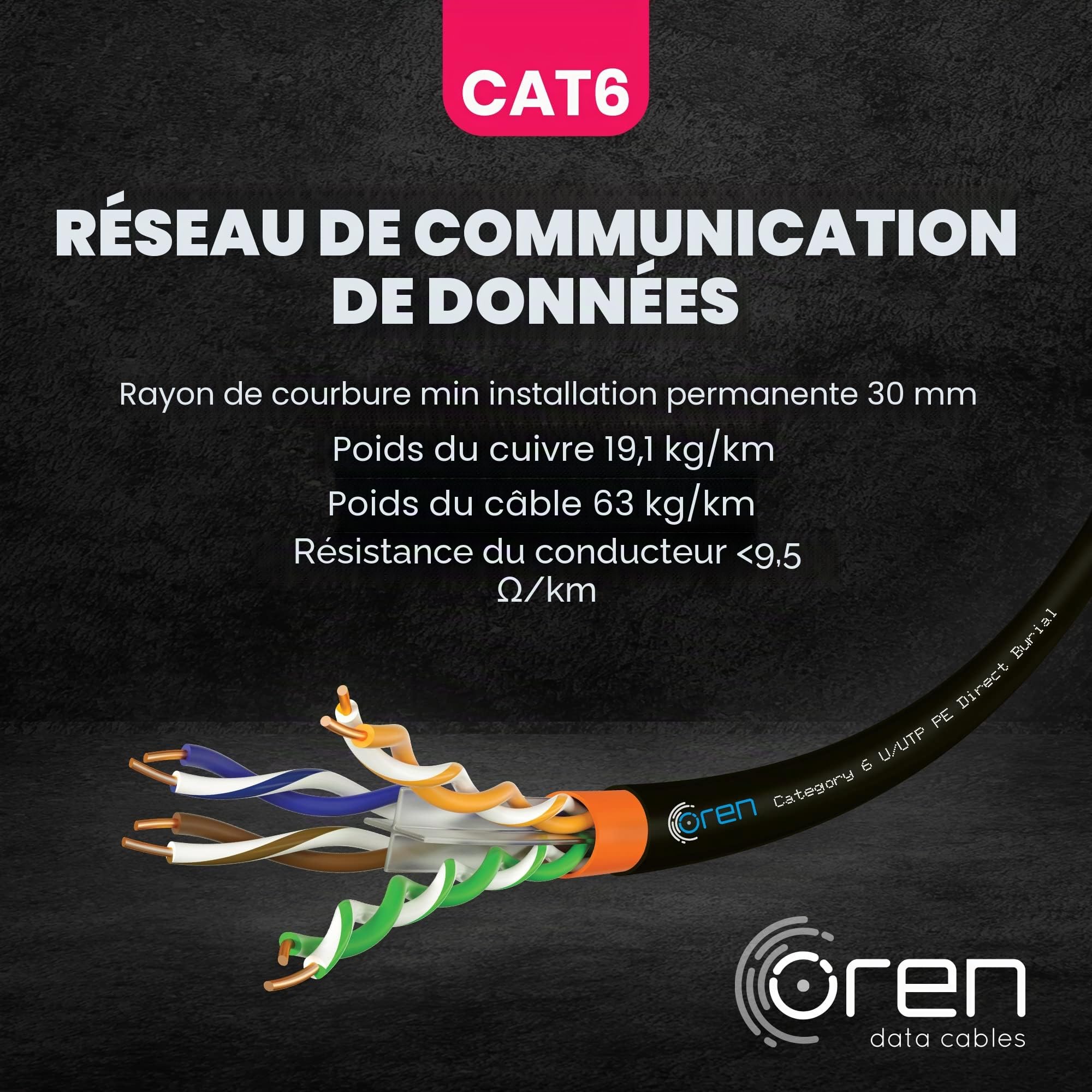 Oren CAT6 50m Câble Ethernet extérieur - Enfouissement direct - Câble en cuivre pur 23 AWG - Bande passante de 400 MHz Câble réseau LAN Internet UTP - Sans halogène, sans corrosion - Gigabit