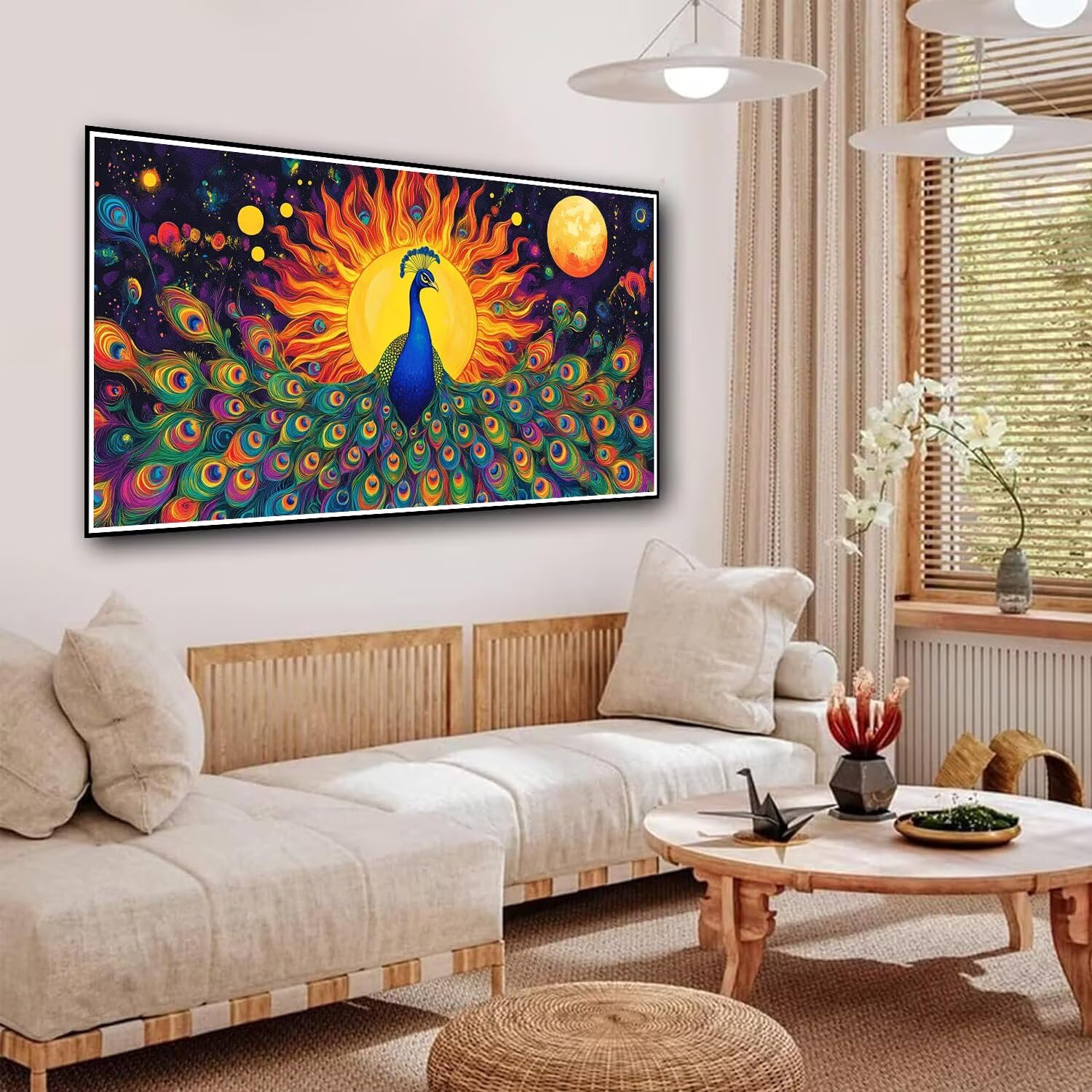 KL494 Duży obraz po numerach, dla dorosłych, 71 x 142 cm, rysunek rysunkowy po numerach, dla dzieci, rękodzieło, paw, dla dorosłych, zestawy, obraz olejny na płótnie, z pędzlami i akrylowym